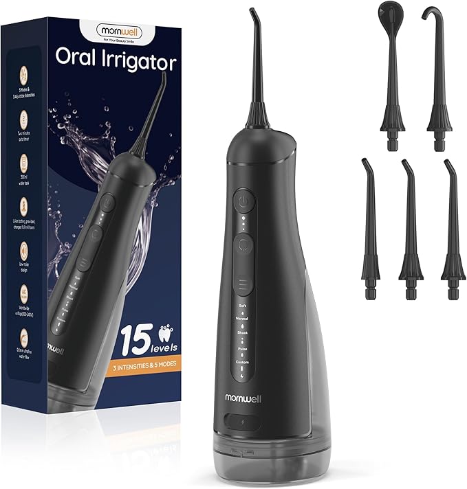 Mornwell Water Dental Flosser Cordless for Teeth Cleaning, 5 Modes Waterproof Oral Irrigator, 300ML Rechargeable Gum Braces Flossers Cleaner, Portable Electric Flossing Machine for Travel Home (Black)