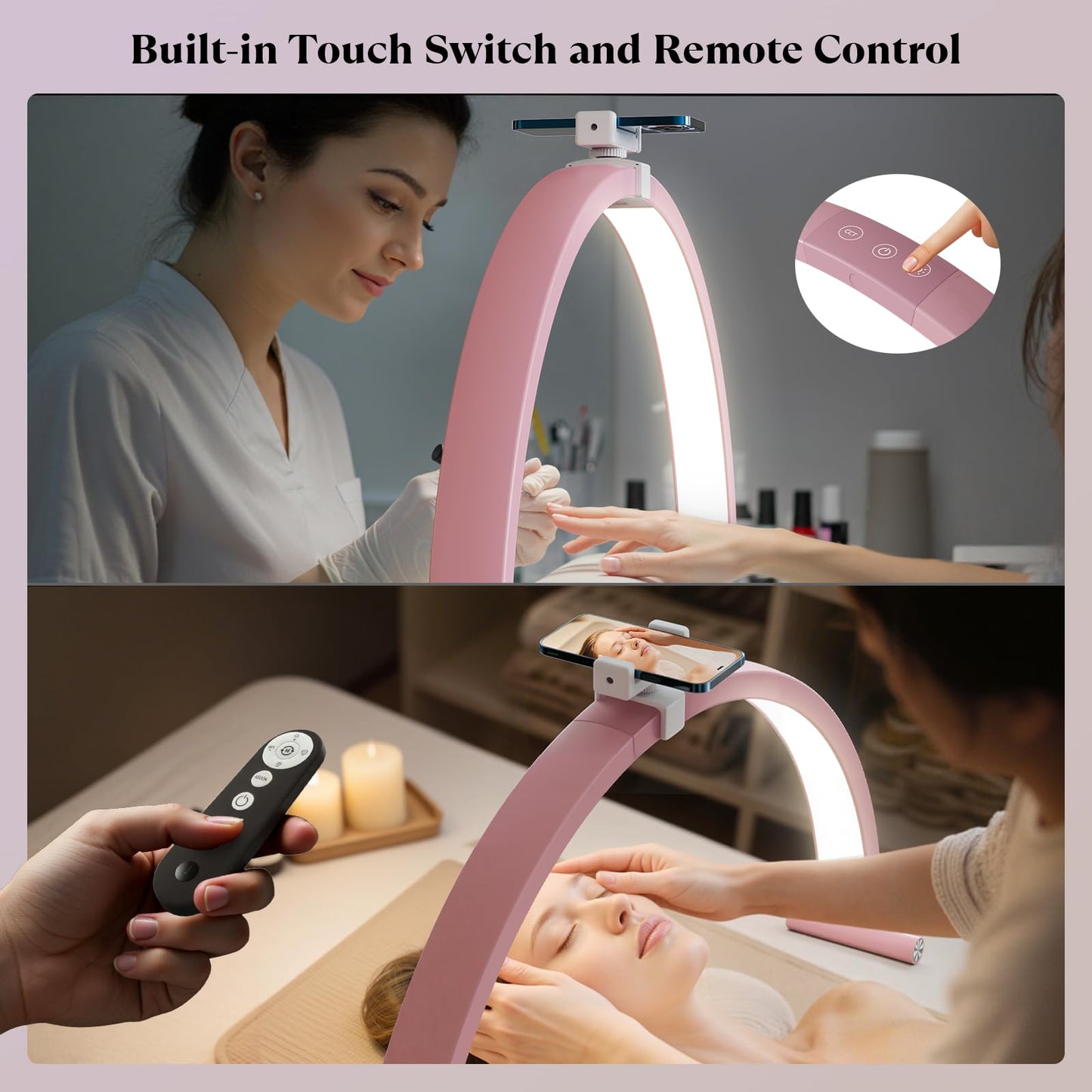 Mznoo Half Moon Light for Nail Desk, 30'' Large Half Moon Desk Lamp with Phone Holder, Professional Nail Tech Light with 3 Color Modes and 5 Brightness for Manicure Salon and Handicraft (Pink)