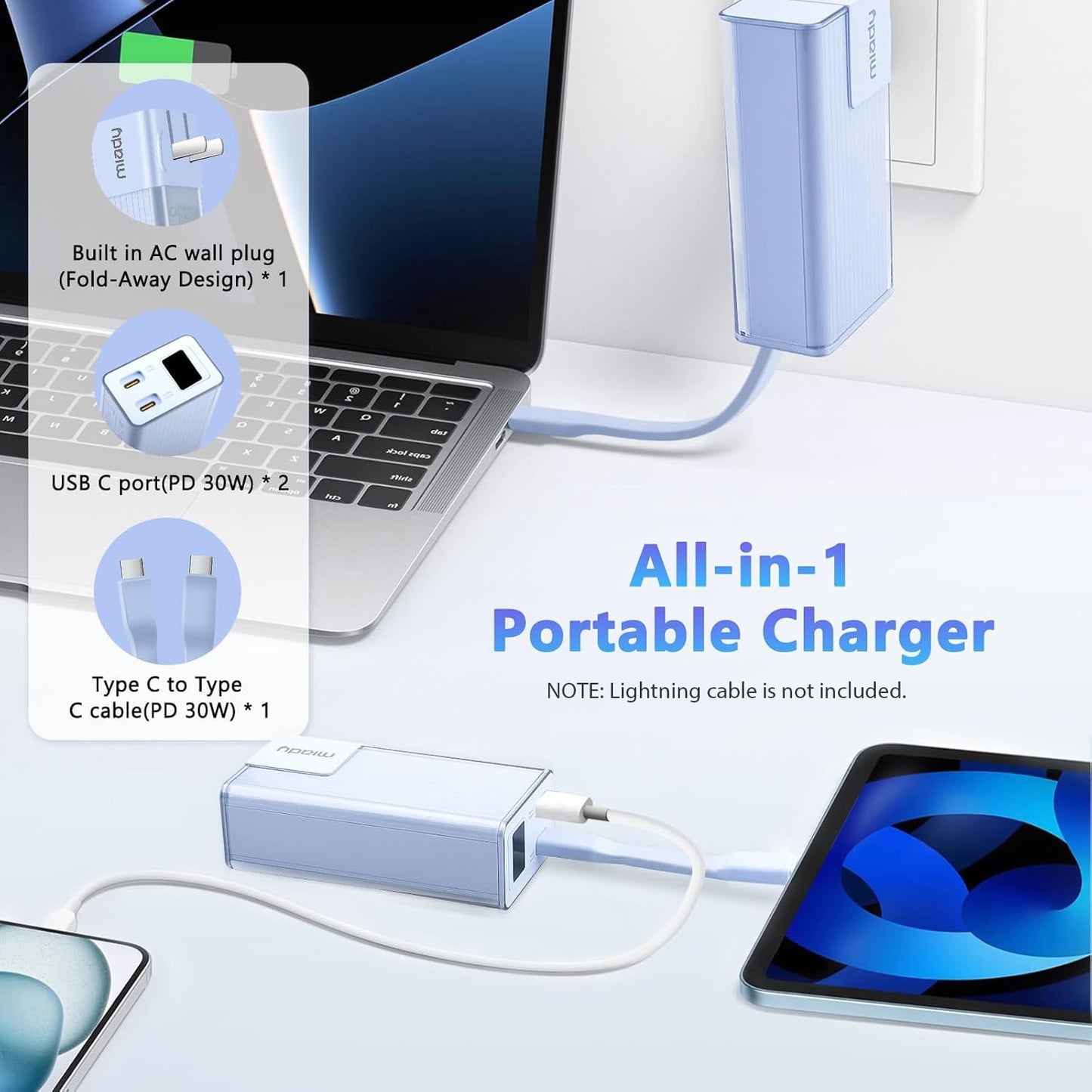 Miady Portable Charger Built-in Foldable Wall Plug, PD 30W 10000mAh Compact Power Bank has USB-C Cable&LED Display, Travel Essential Battery Pack Compatible with iPhone Galaxy SmartPhones (Cream Blue)