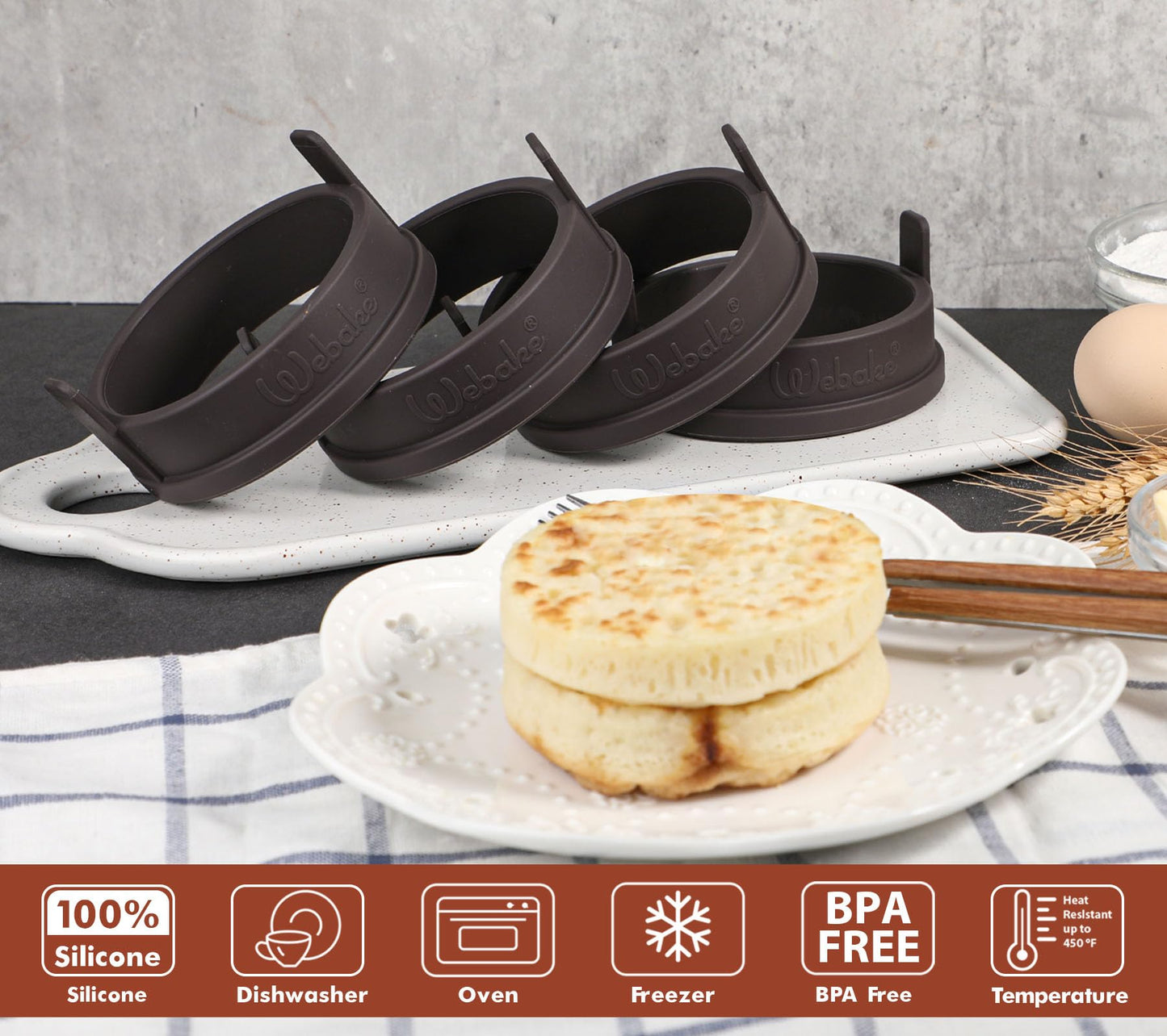 Webake Silicone Crumpet Rings Nonstick 3.5 inch Standard Size English Muffin Ring, Egg Rings, BPA-Free, Set of 4