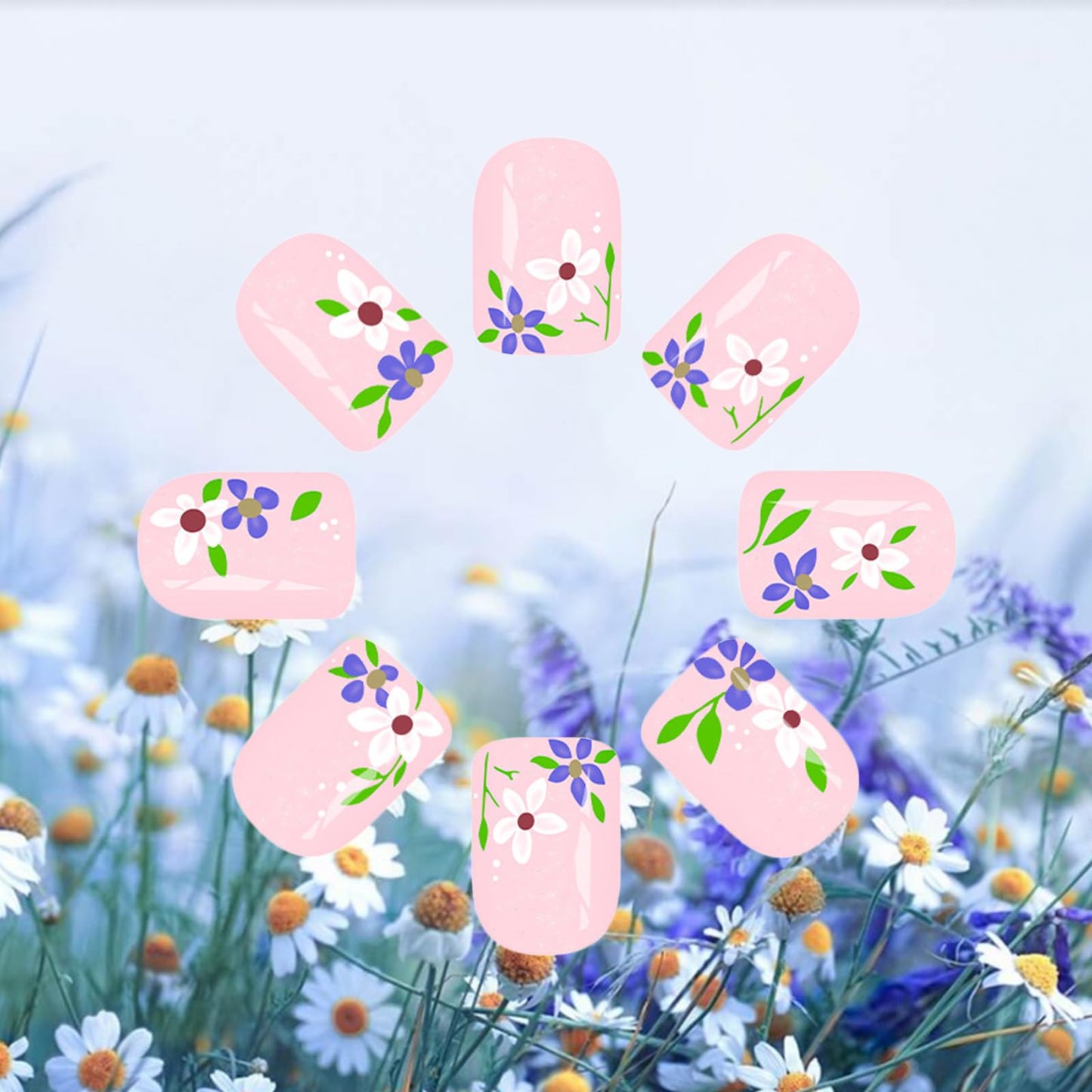 24 Pcs Glossy White Polka Dots Glue on Artificial Fingernails Green Leaf Press on Nails Flower Acrylic False Nail Wild Flower Stick on Nail HZJXRT Short Square Fake Nails for Coquette Women Gift
