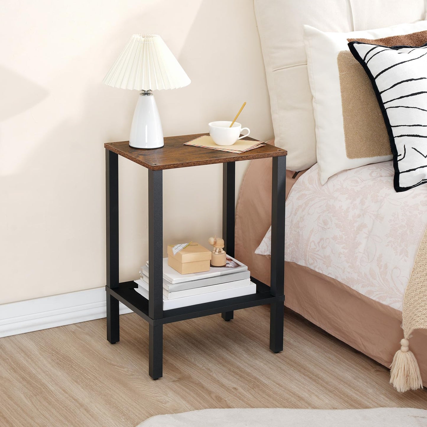 HOOBRO End Table and Nightstand Bundle, Small Side Table with 2-Tier Storage Shelves, End Table with Charging Station, BF91BZ01-BF209UDBZ01