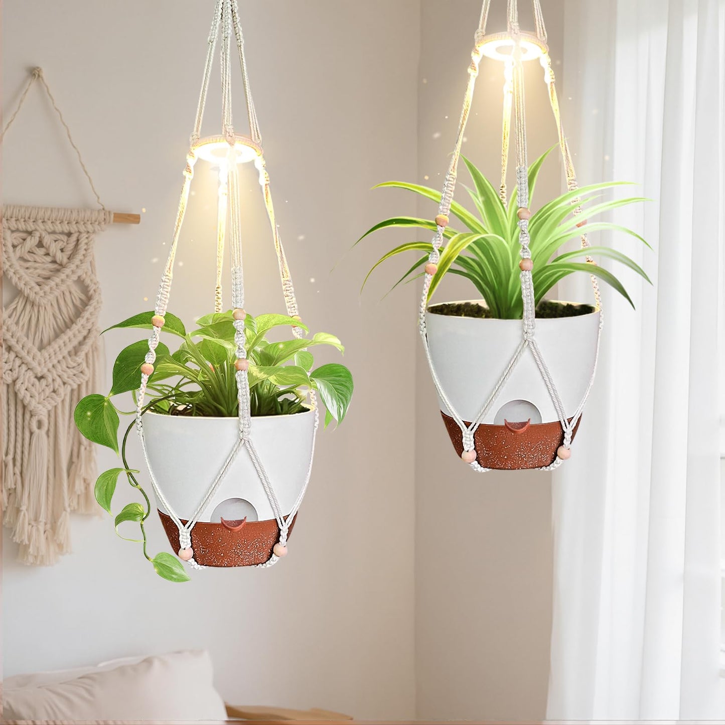 MSFON 2 Pack Hanging Planters with Grow Light for Indoor Plants, 10” Self Watering Pots for Apartments & Low-Light Rooms, Macrame Hangers, Timer, Drainage Holes & Removable Tray