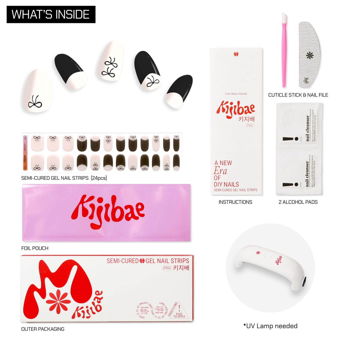 Kijibae Semi Cured Gel Polish Strips | 24pc UV LED Required Wraps | Gift Peel and Stick Nails | Coquette DIY Home Manicure | Press On Alternative (Knot Yours)
