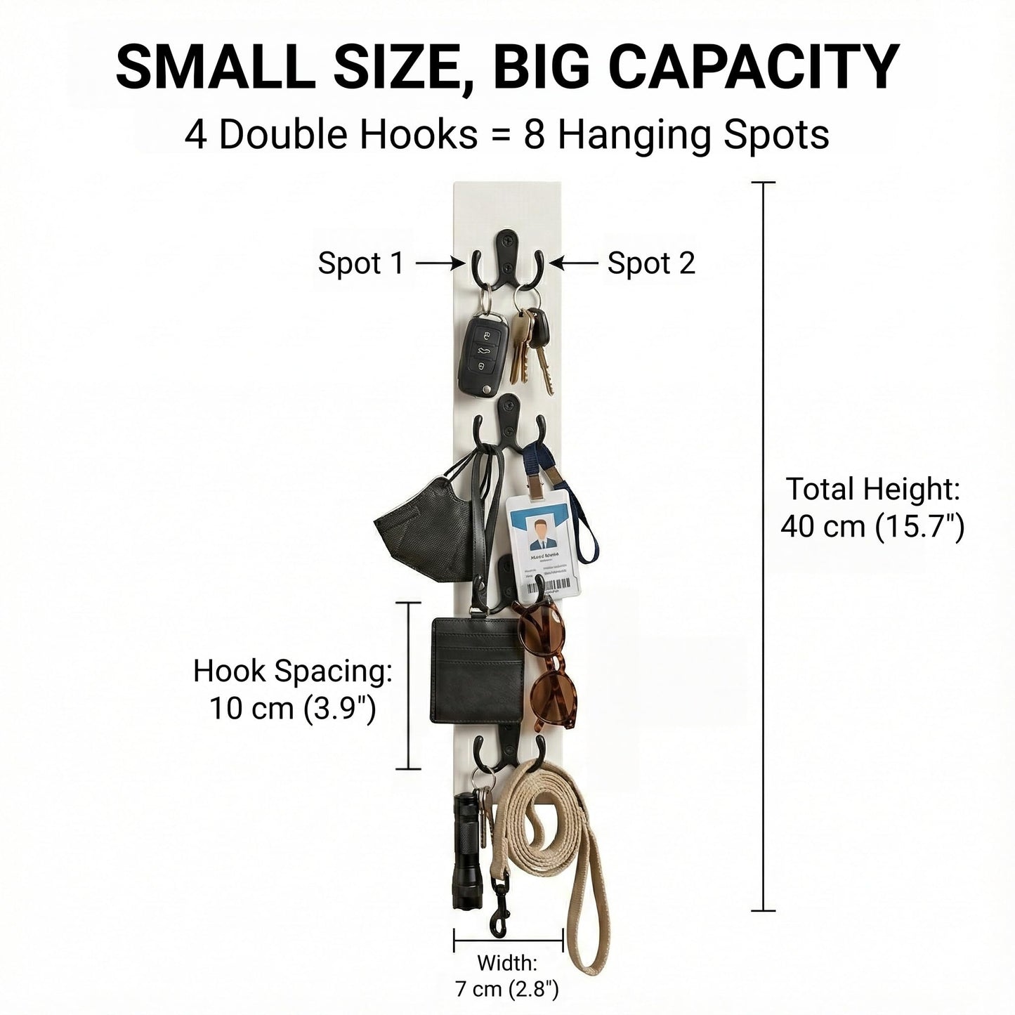 Vertical Key Holder for Wall & Dog Leash Holder – Solid Wood Wall Mount Key Rack with 8 Hooks – Small Space Saving Entryway Organizer for Keys, Lanyards, Masks (Adhesive or Screws) (White)