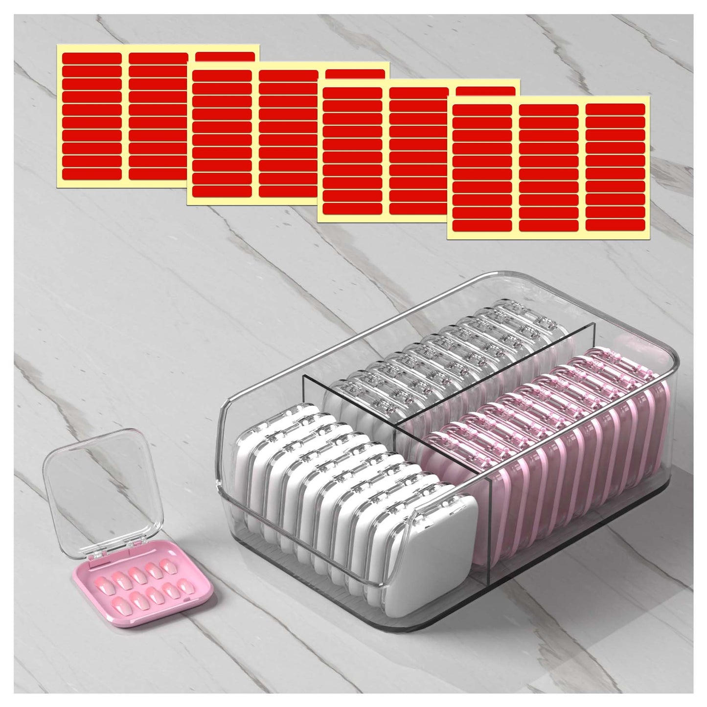 EKEFE 30 Pcs Press On Nail Storage Box Container False Nail Organizer Acrylic Display Case with a Large Stackable All-In-One Box and 120 Pcs Double Sided Adhesive Nail Display Tape (Multicolor)