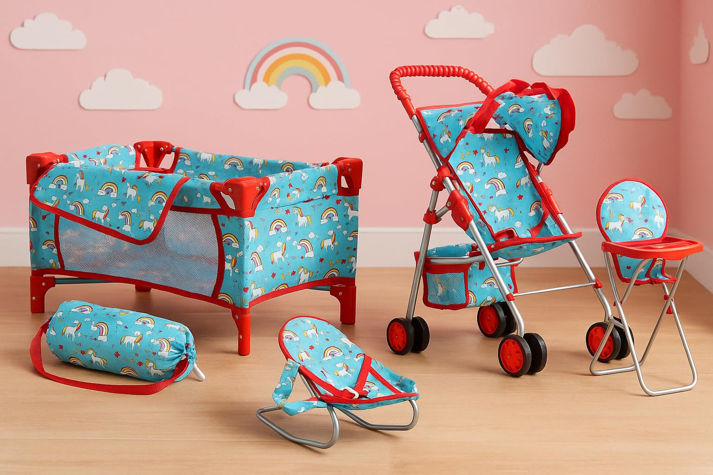 Fash n kolor® 4 Piece Doll Play Set, Doll Accessories Gift, Toy Set -Unicorn Design Includes, Doll Foldable Bed, Doll Stroller, Doll High Chair and Doll Seat, Dolls Gift Set (4 Piece Set)