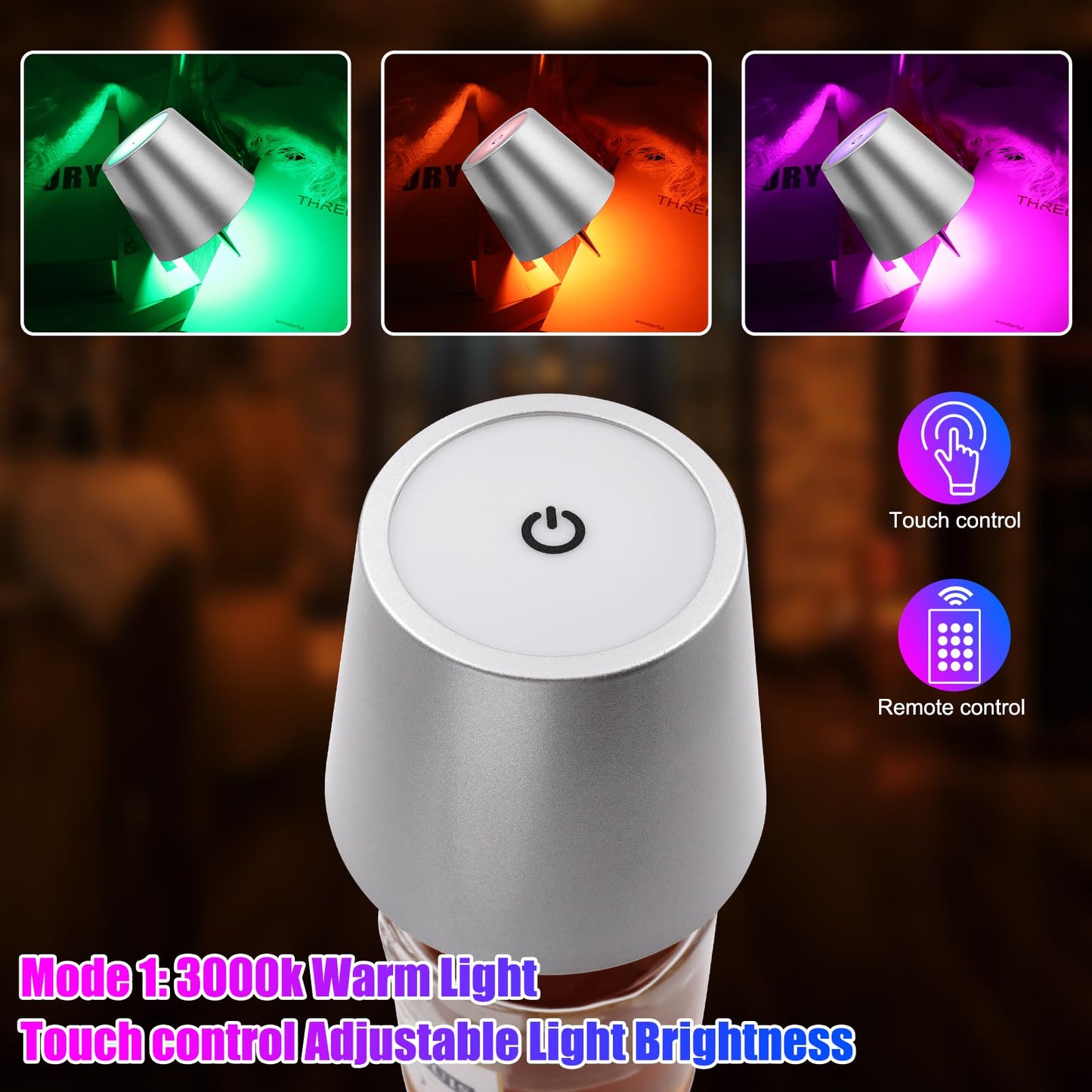 TGXCF Wireless Bottle Lamp with Remote Control, Rechargeable RGB Wine Bottle with 3Modes Light Dimming, Waterproof Bottle Touch Lamp Head for Room, Bar, Restaurant and Party Decorations(Silver RGB)