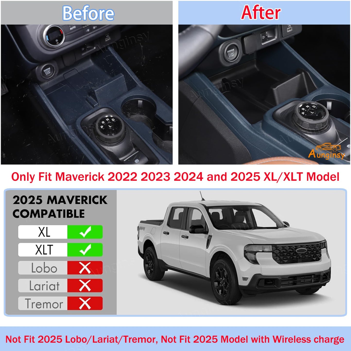 Aunginsy Car Center Console Shifter Storage Tray Compatible with Ford Maverick 2022-2026, Not Fit 2025+ Model with Wireless Charge, Gear Shift Groove Shock Pad Organizer Storage Box Insert Accessories