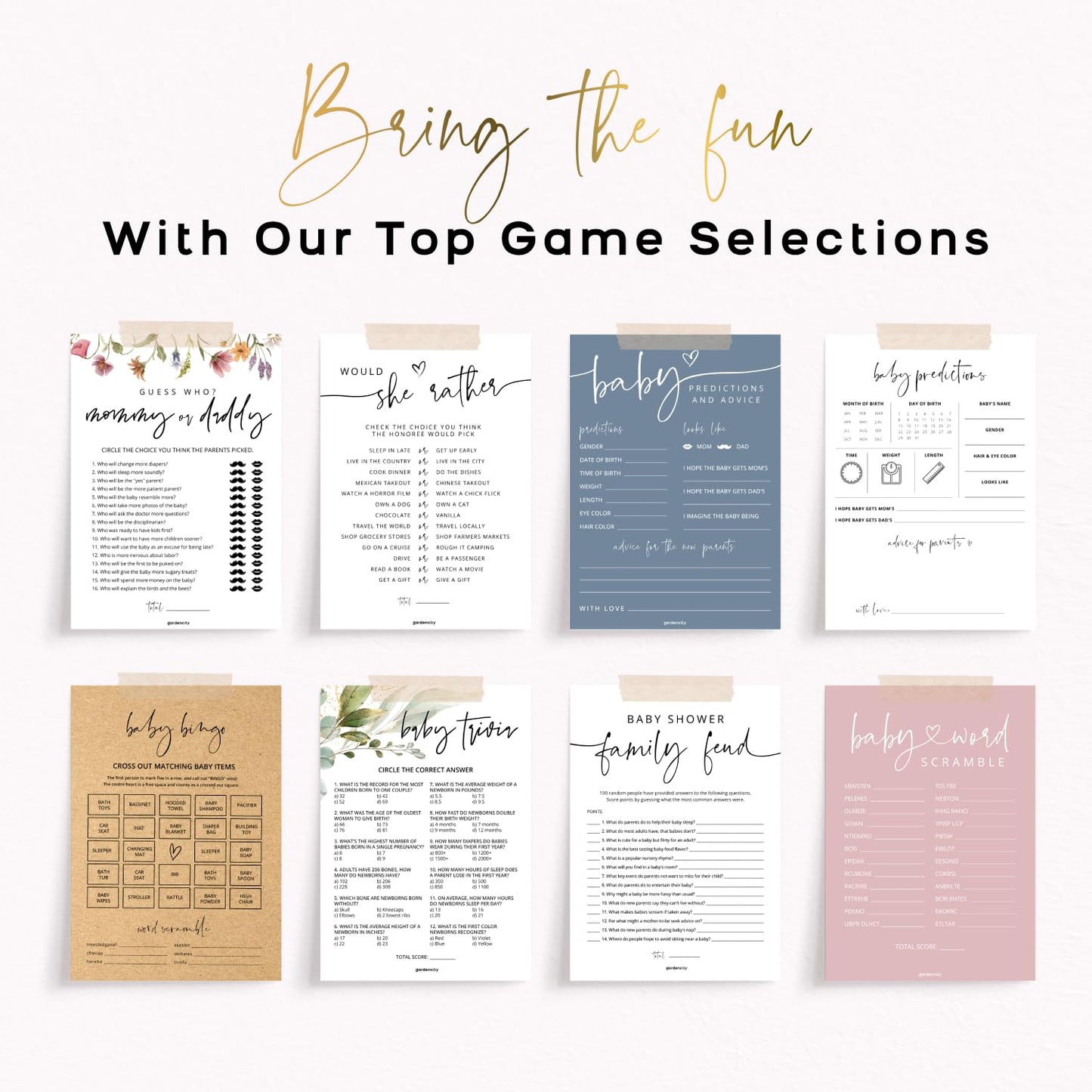 GardenCity 50 Baby Shower Word Search Game Cards, Fun Baby Shower Games for Boy or Girl, Gender Neutral - Minimalist