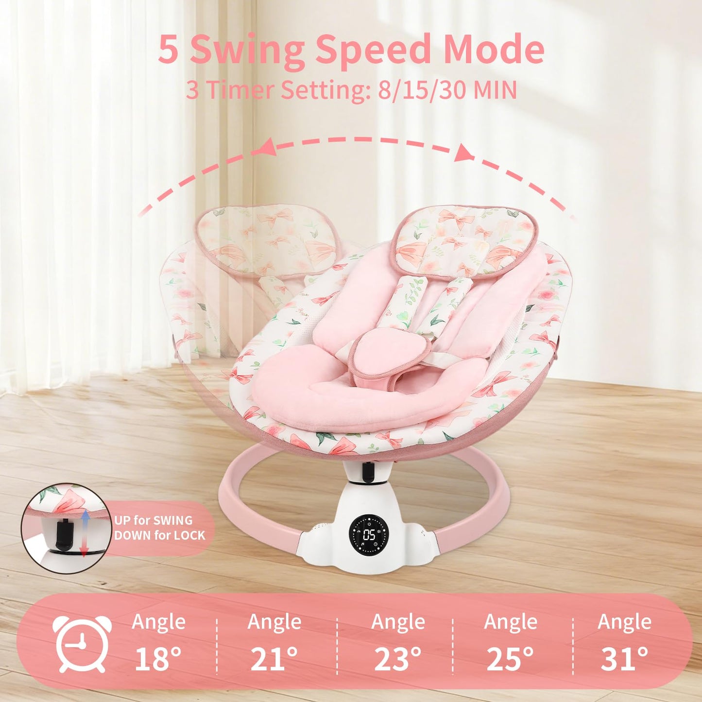 Baby Swing for Infants with 5 Swing Speeds, Portable Electric Baby Swing with Bluetooth, Remote Control & Touch Panel, 5-Point Harness, Indoor & Outdoor Use, Pink