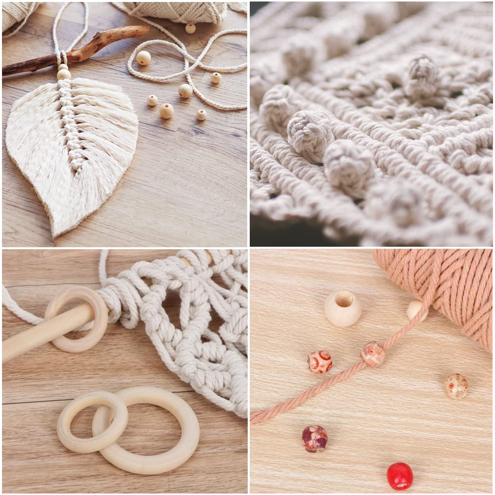 UHAPEER Macrame Kits for Adults Beginners with 656 Feet 3 mm Macrame Cotton Cord, DIY Macrame Plant Hanger Kit with Macrame Supplies and Instructions, Macrame Meads, Wooden Rings, Dream Catcher Rings