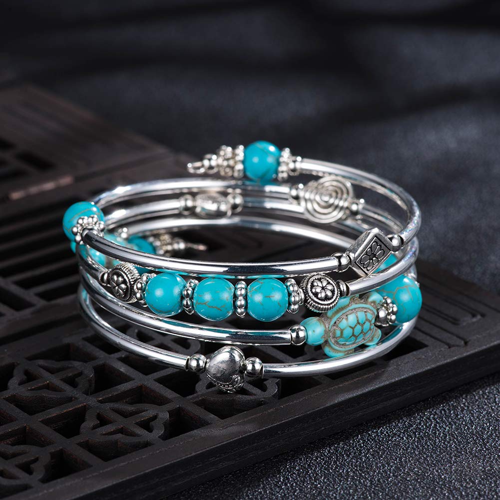 BULINLIN Layered Wrap Bangle Turquoise Bracelet - Bead Bracelet with Natural Agate Stone, Gifts For Women (17-Turquoise turtle bracelet)