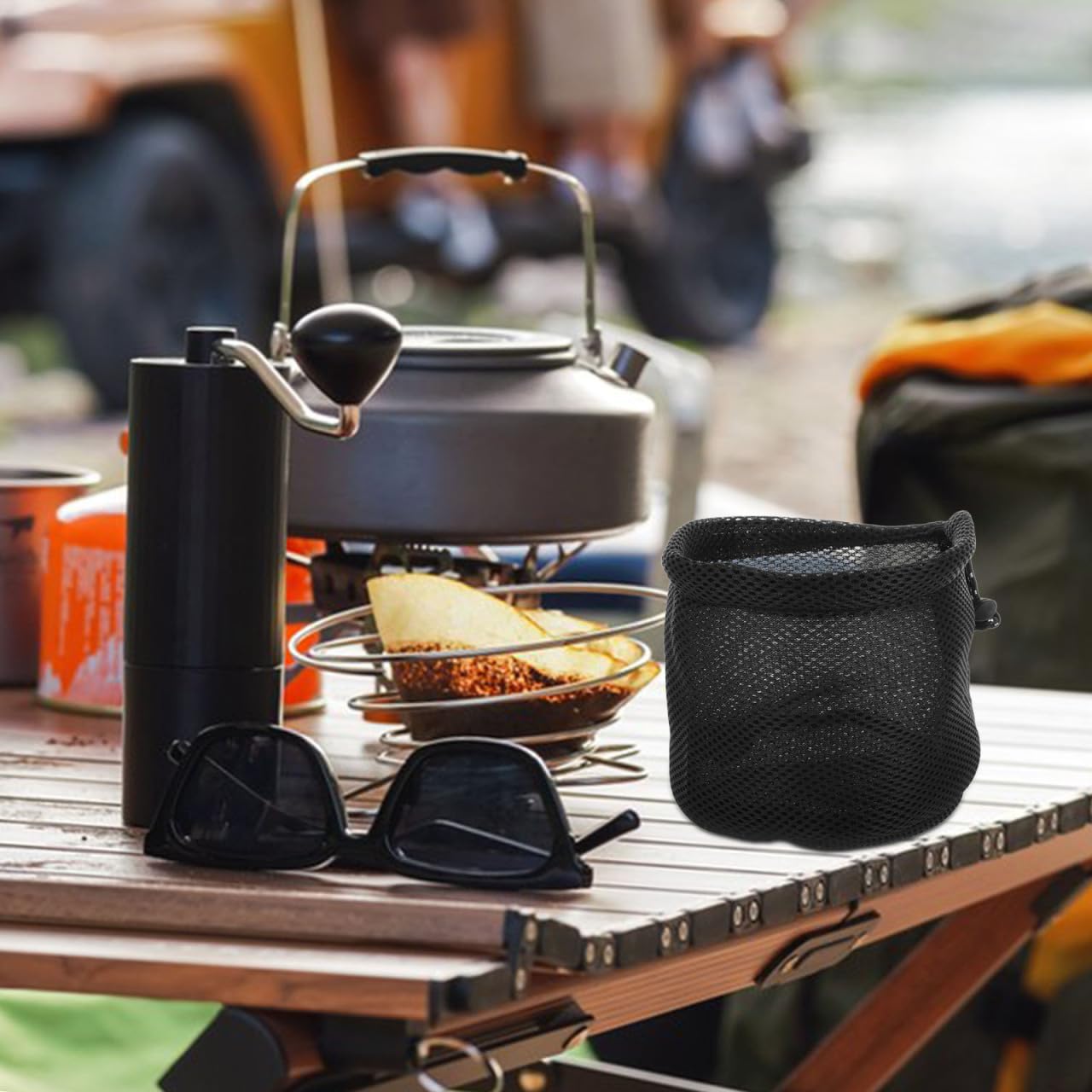 BESPORTBLE Camping Storage Bag Lightweight Mesh Organizer for Cooking Utensils Cups Kettles Portable Round Bottom Outdoor Kitchen Essentials