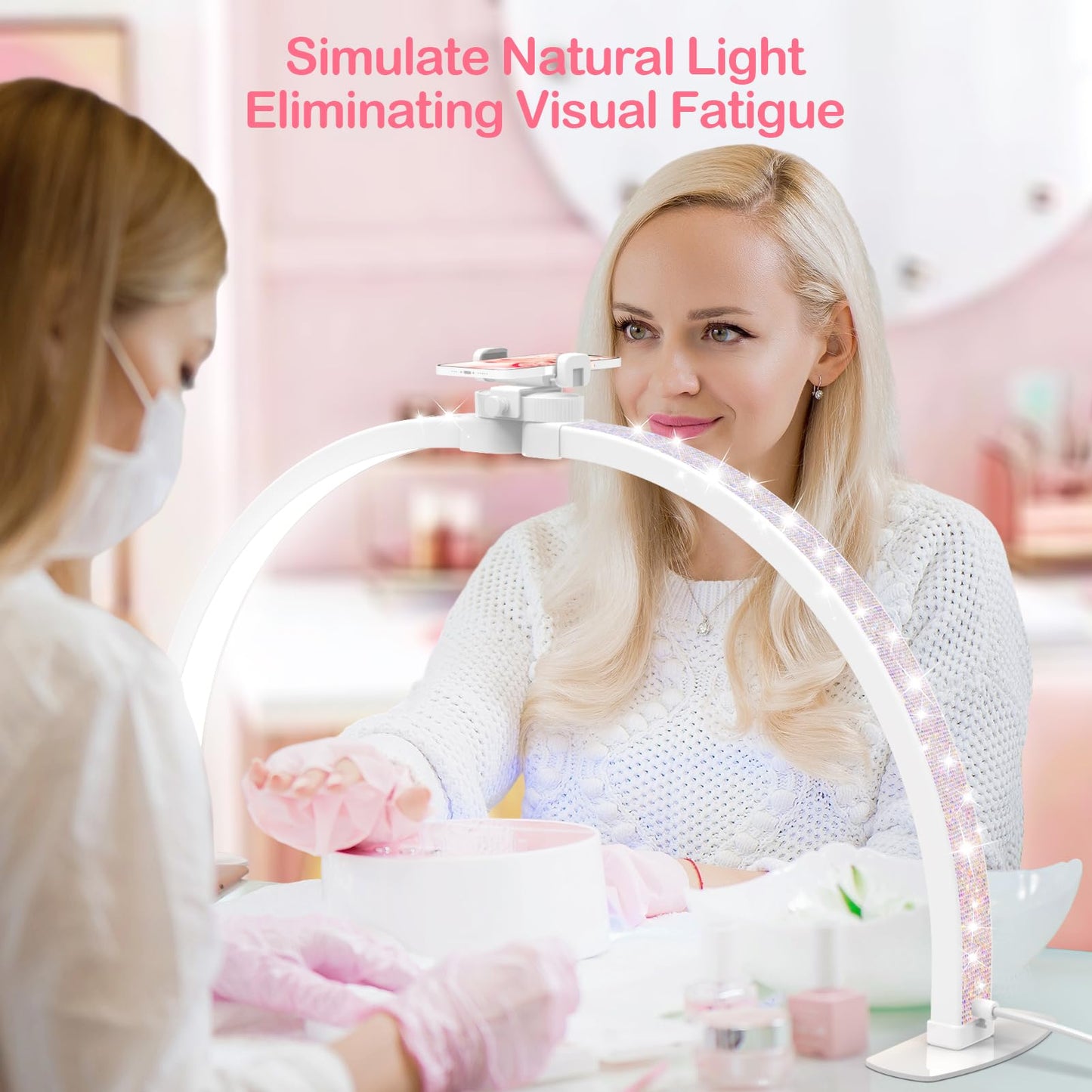 Kadden Foldable Large Half Moon LED Light,29" Arch Light with Rhinestone-Encrusted for Table Nail Desk with Phone Stand, Upgrade Arch Light for Nail Techs (White, Large)
