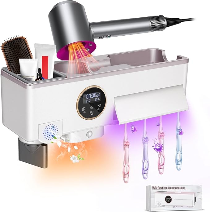 Werhoo Toothbrush Holders for Bathrooms 4 Slots. Hair Dryer Holder, UV Toothbrush Holders with Timer Function, with Hand Dryer Function,Supports Nighttime sen/SOR Lighting,Suitable for Home Bathroom