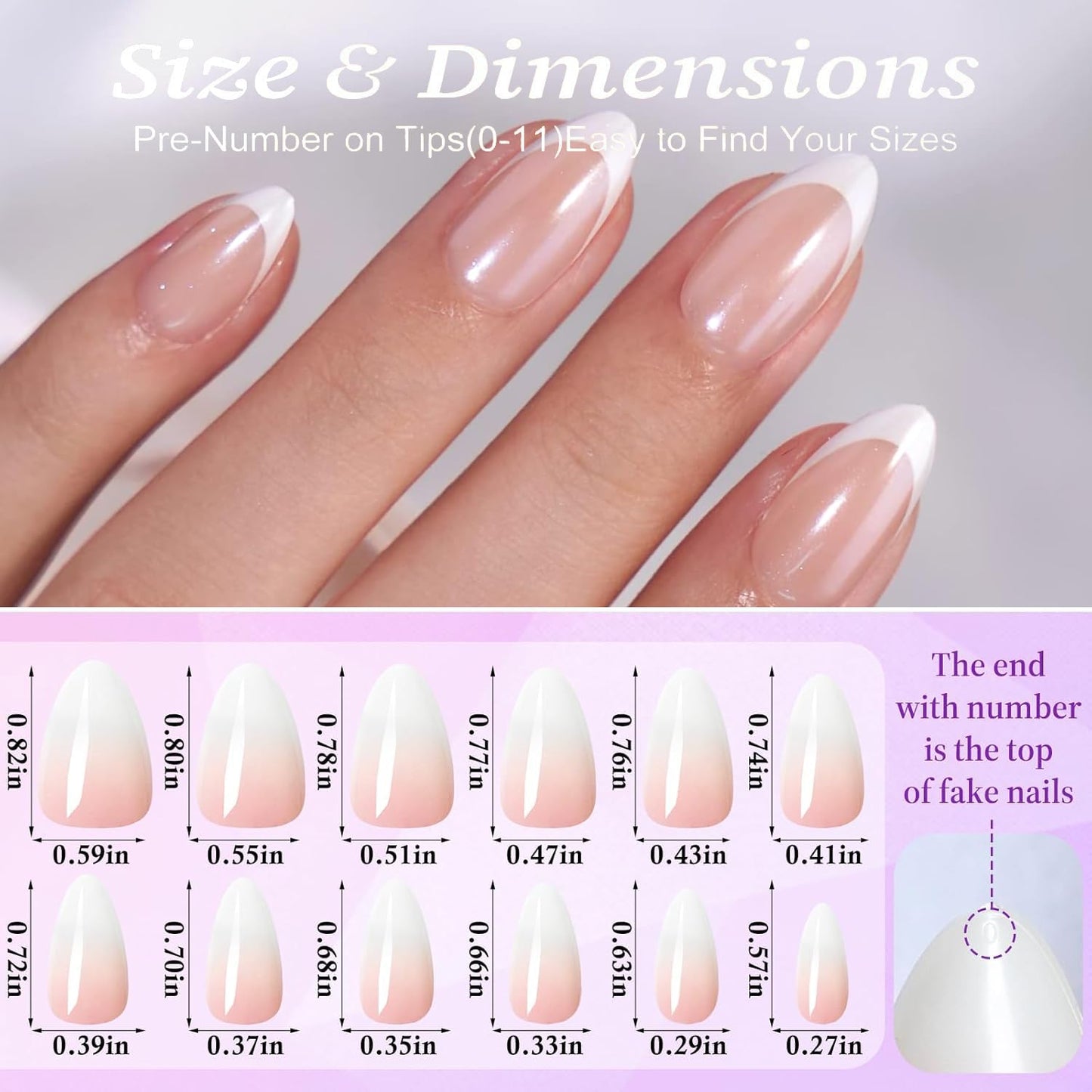 French Tip Press On Nails， White Short Almond Reusable Stick On Nails in 12 Sizes - 24 Soft Gel Fake Nail Kit for Women