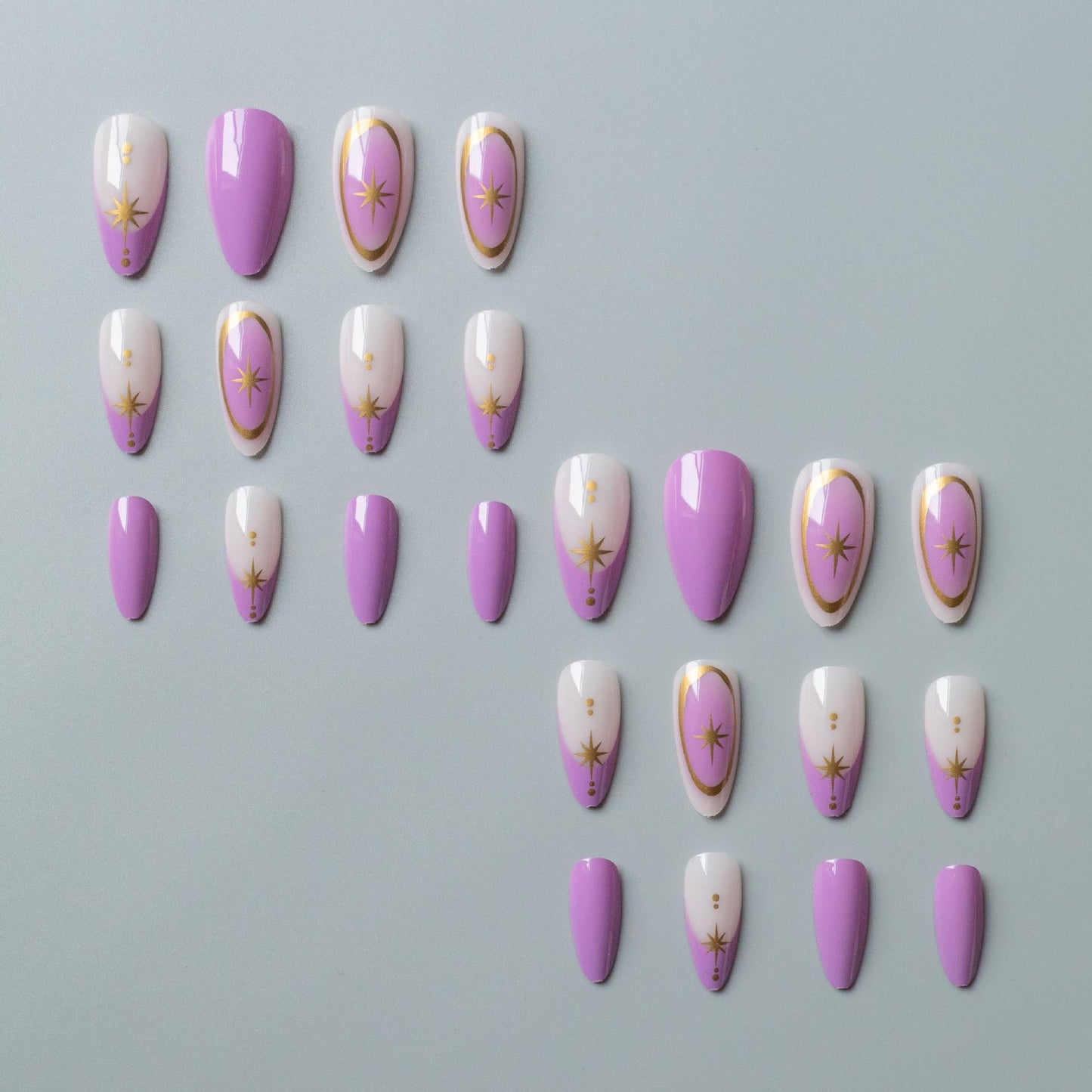 24pcs Almond Press On Nails Medium Fake Nails Gradient With Gold Star Design French Tip False Nails Purple Acrylic Nails Full Cover Artificial Glossy Glue On Nail Stick On Nail For Women