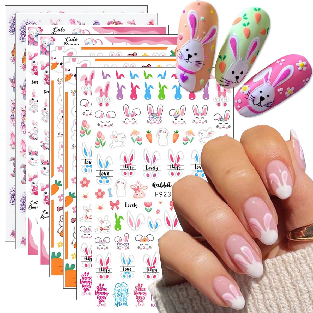 8 Sheets Easter Rabbit Nail Art Stickers Decals,3D Self-Adhesive Nail Art Accessories Cartoons, Rabbits, Animals, Hearts, Flowers,Designs Sticker Lovely Retro Rabbit Manicure DIY Nail Decorations
