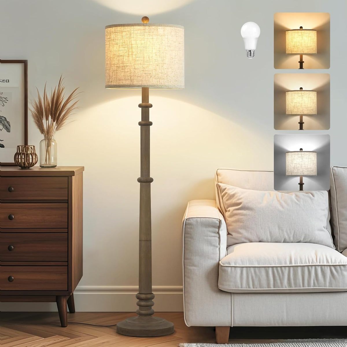 Floor Lamps for Living Room - 60" Resin Farmhouse Floor Lamp with 3 Color Temperatures - Vintage Standing Lamp Reading Light with Linen Shade Retro Tall Lamp for Bedroom Office, Grey