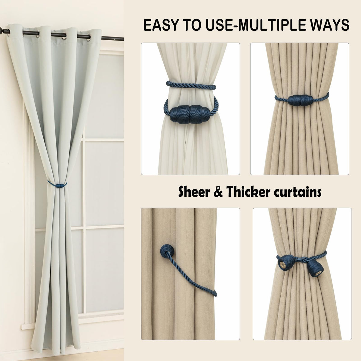 Magnetic Curtain Tiebacks Rope Curtain Tie Backs for Curtains 6 Pack Curtain Holders for Drapes Decorative Window Curtain Holdbacks (6 Count)