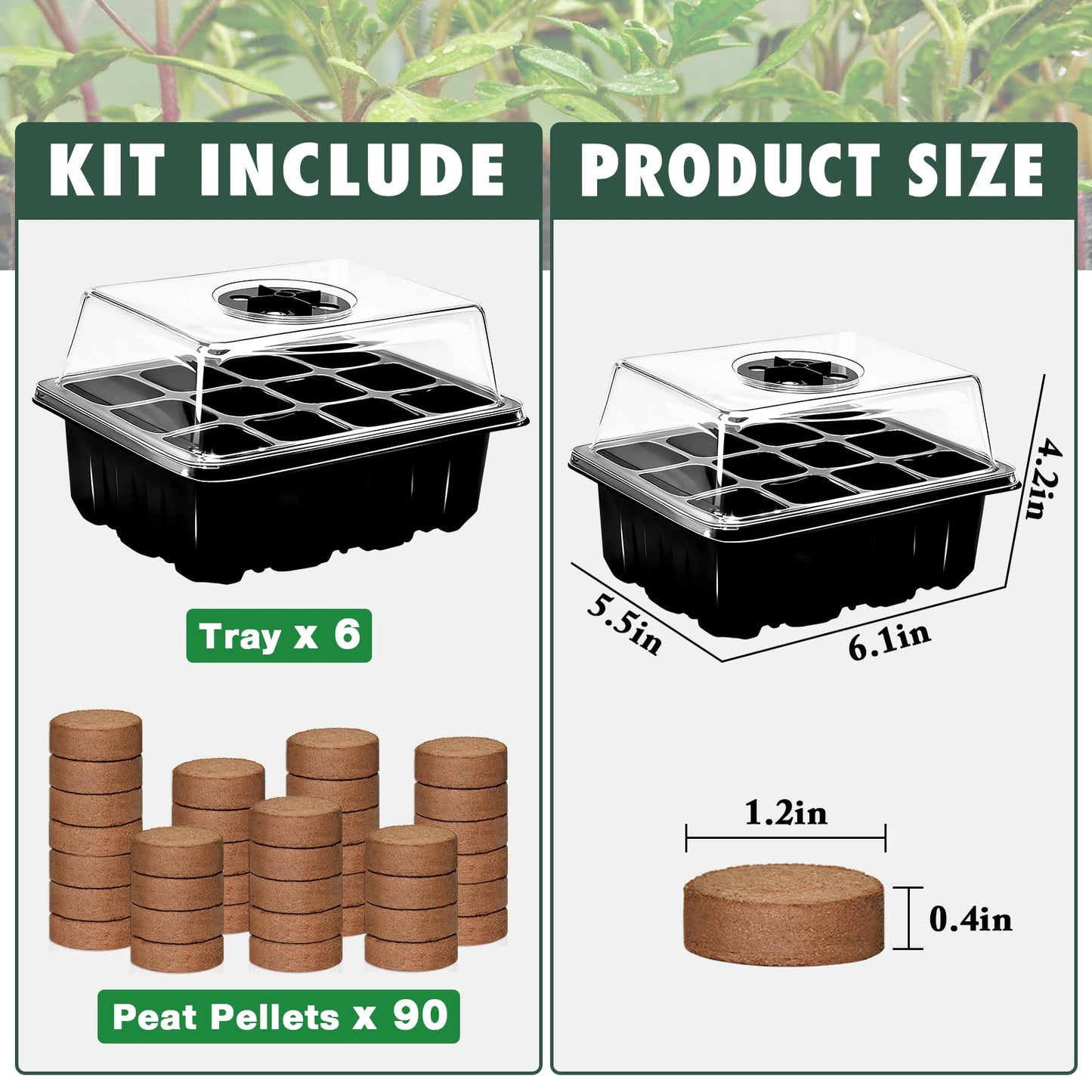 ZeeDix 6 Set Seed Starter Tray Kits, 6 Pack Seed Trays with 90 Pack Coco Coir Pellets, Adjustable Humidity Germination Tray with Dome Lids for Indoor Plants, Mini Greenhouse for Vegetables Garden
