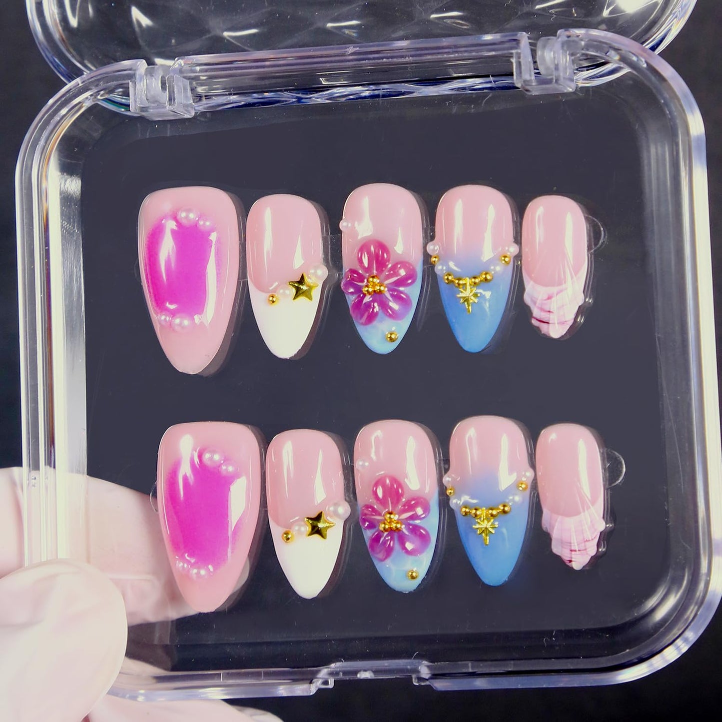 MXYIYANR Nails Press on Nails Medium Almond Fingernails with 10 Pcs Floral 3D Art Designs Handmade False Nails Full Cover Nails for Women (M)