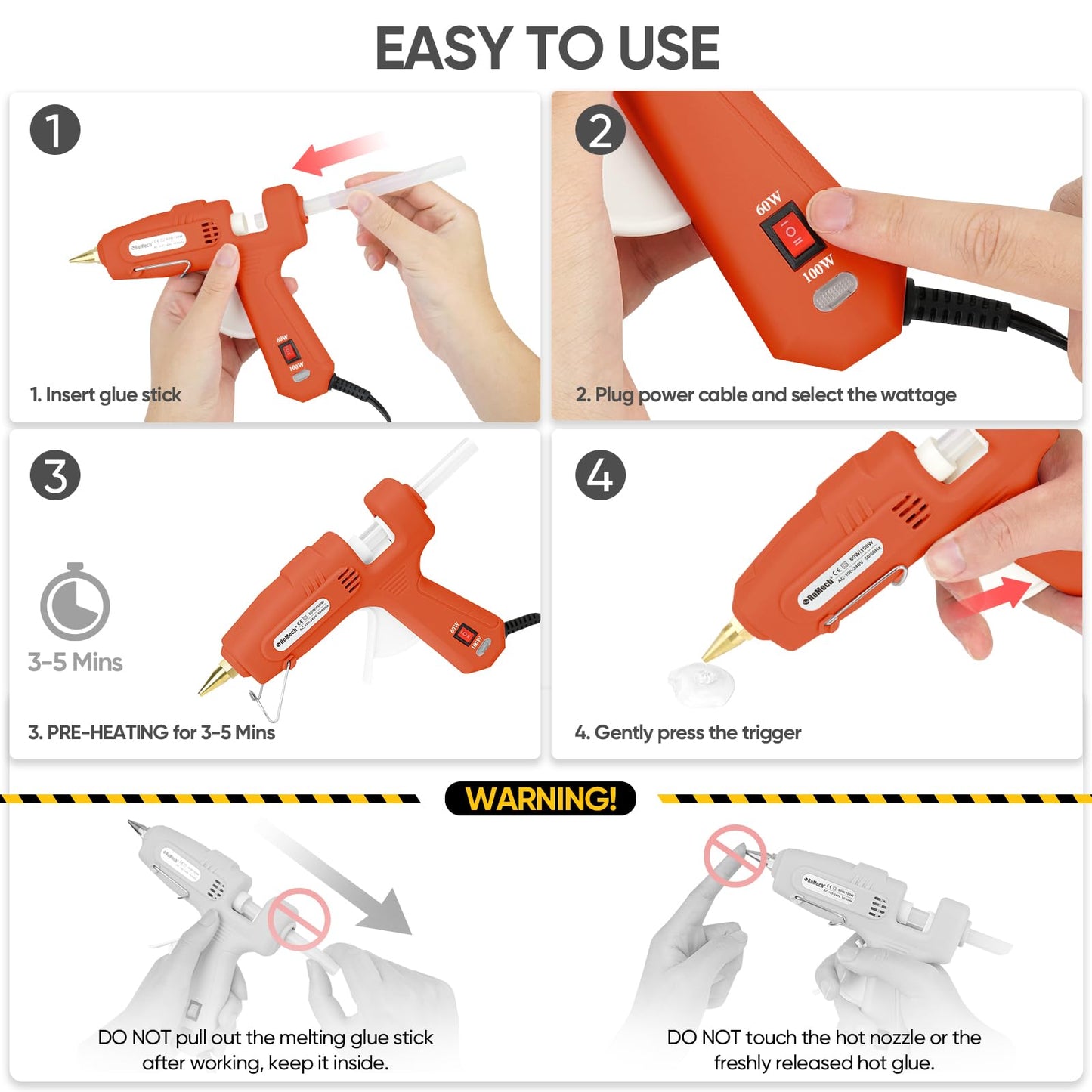ROMECH Full Size Hot Glue Gun with 60/100W Dual Power and 21 Hot Glue Sticks (7/16"), Fast Preheating Heavy Duty Industrial Gluegun with Storage Case for Crafting, DIY and Repairs (Orange)