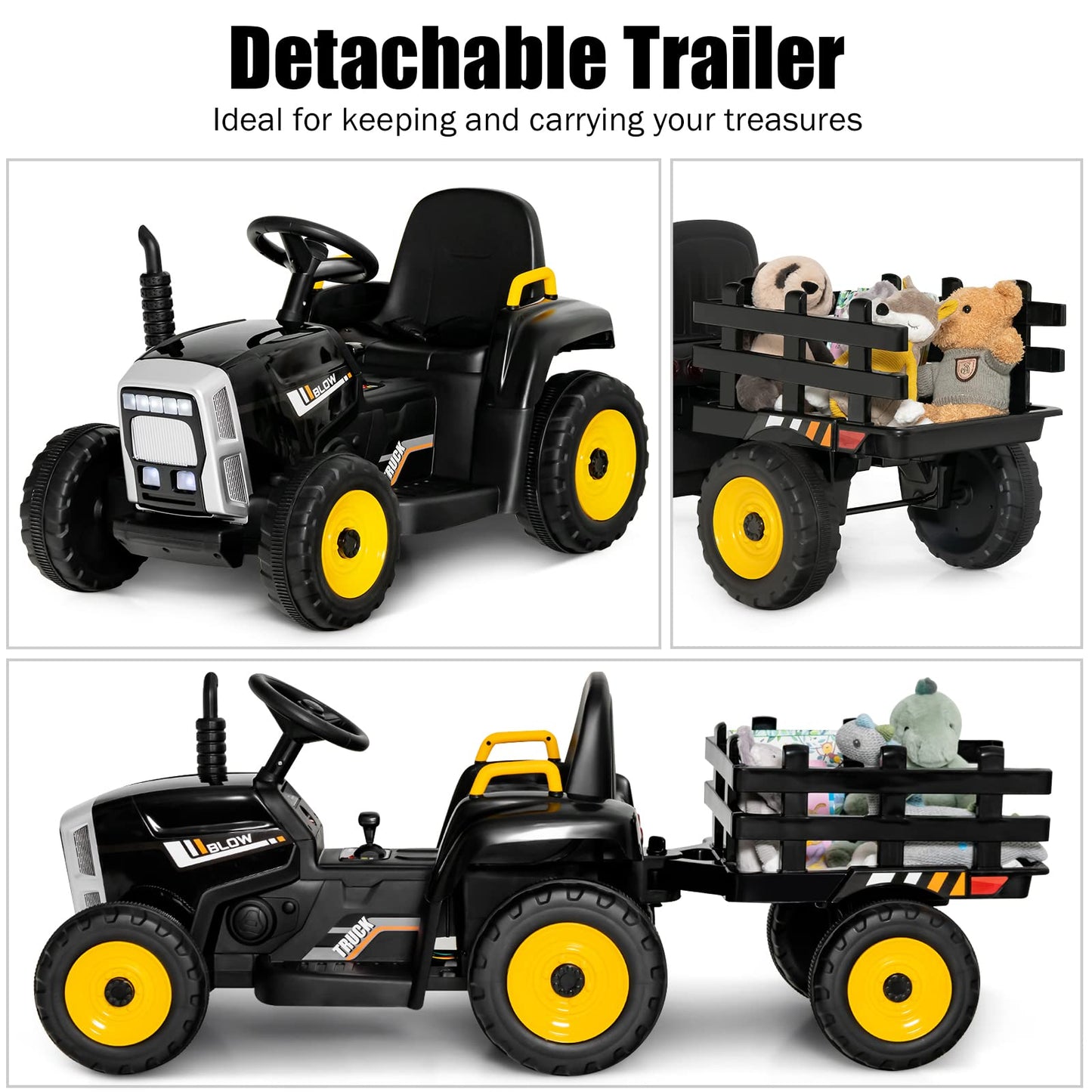 OLAKIDS 12V Kids Ride On Tractor, 2 in 1 Electric Vehicle with Remote Control, Detachable Trailer, Toddlers Battery Powered Driving Toy with 2 Speeds, Music, USB, Bluetooth, Lights (Black)