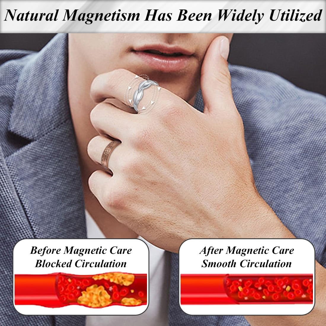Vicmag Copper Magnetic Ring for Women, Magnetic Rings Ladies Fingers Thumb 100% Solid Pure Copper Jewelry Gift Adjustable (Leave+Folwer Copper)