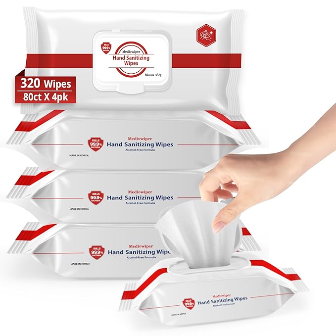 MEDIWIPER 80ct Alcohol-Free Hand Sanitizing Wipes Unscnted Wet Wipe, Hand Sanitizer (320 Wipes (80 * 4))