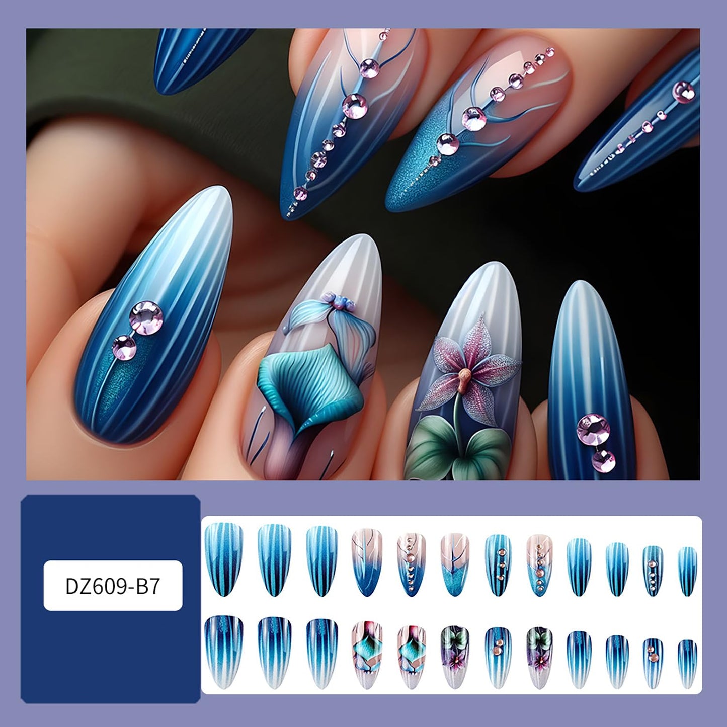 Blue Press on Nails Medium Almond Shaped Flower Pattern Design Gradient False Nail Glitter Rhinestones Artificial Acrylic Stick on Nails Press Ons with Design Stripes Manicure Glue on Nails for Women