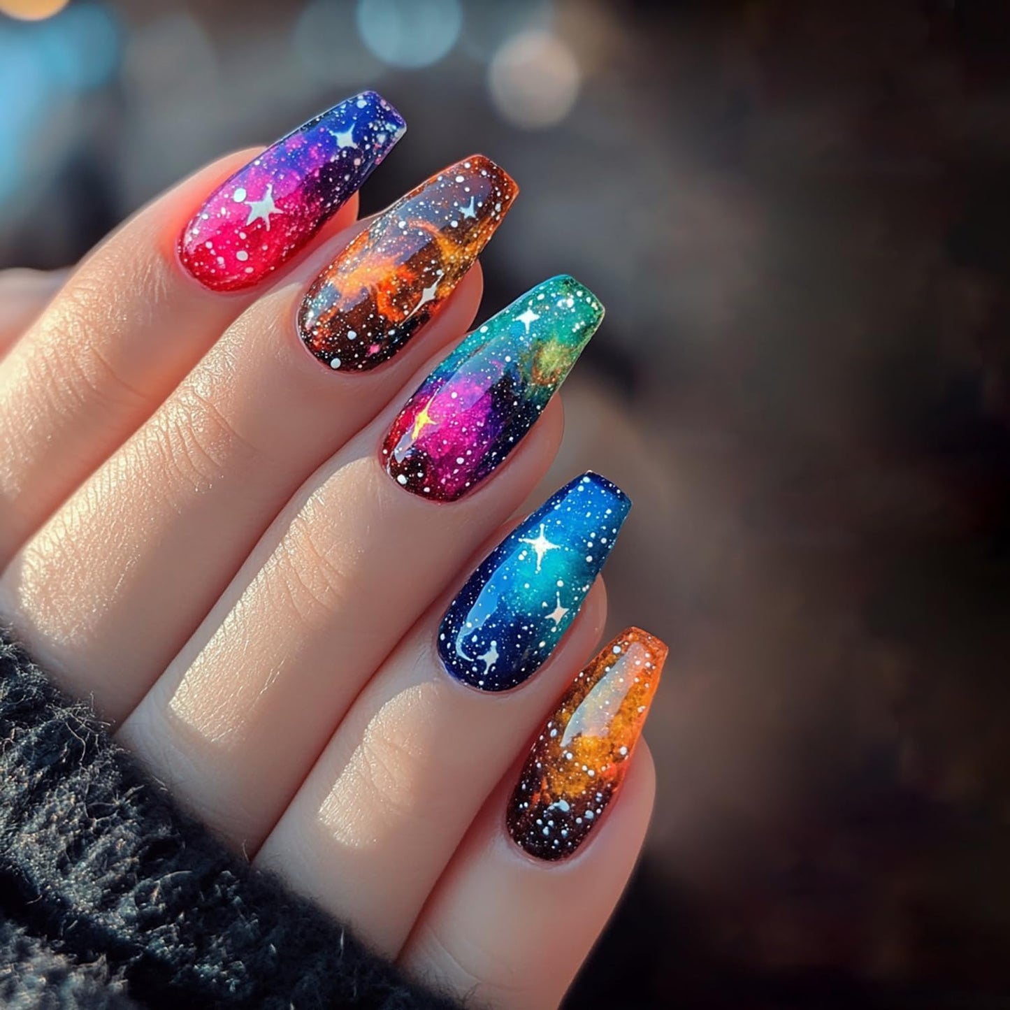CJDLTS Press on Nails Medium Ballet Shaped Colorful Starry Sky Pattern Design Glitter Nails Stars False Nails Full Cover Artificial Coffin Nails Acrylic Stick on Nails Glossy Glue on Nails for Women