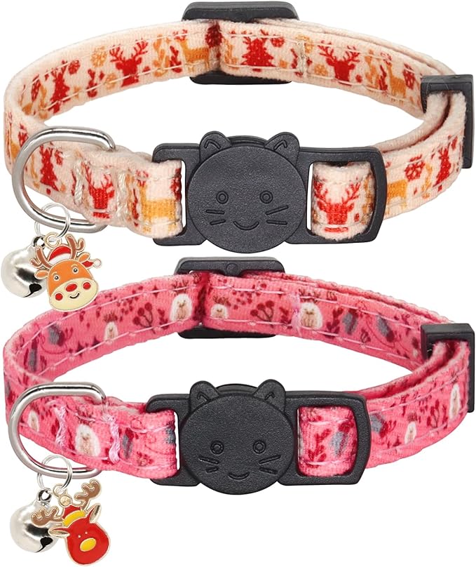 Giecooh Christmas Cat Collar, Cotton 2 Pack Cat Collar with Bells, Breakaway Collars for Girl Boy Kittens, Reindeer