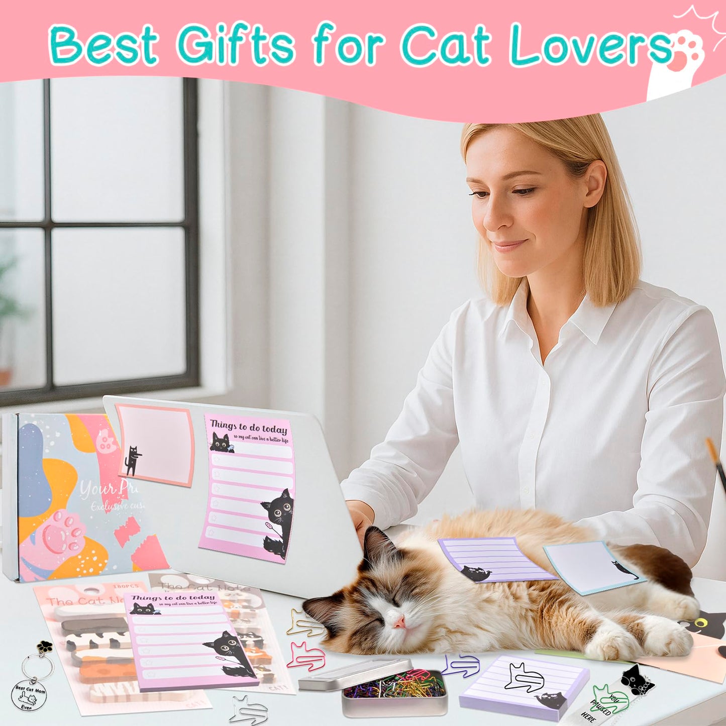 76 Pcs Cat Lover Gifts for Women - Cute Office Sticky Notes Supplies, Cat-themed Pens Stationery Set, Post Notepads Desk Accessories, Small Girls Funny Stuff, Mini Cat Clips Decor, Unique School Items