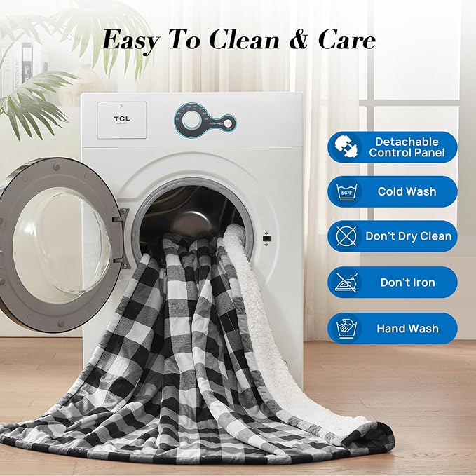 Westinghouse King Size Heated Blanket, Soft Flannel to Sherpa Electric Blanket with Dual Control 10 Heating Levels & 1 to 12 Hours Auto Off, Fast Heating, Machine Washable, 100 * 90 Inch, Black
