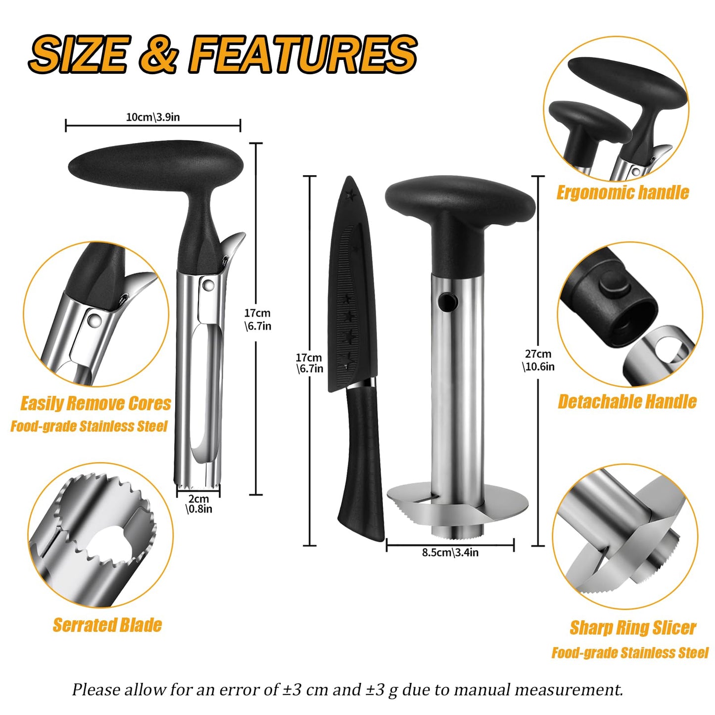 OERPHO Pineapple Corer and Slicer, Stainless Steel Pineapple Cutter and Corer, Upgraded Pineapple Peeler and Apple Corer Tool with Pineapple Core Remover for Corer Tool Kitchen (Black)