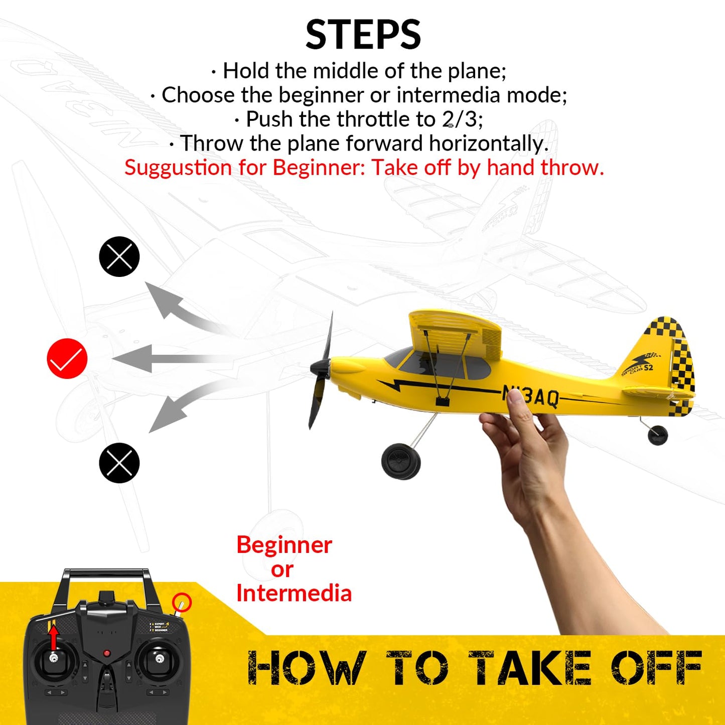 volantexrc RC Plane Trainer Sport Cub 3CH Remote Control Airplane with Prop Saver, 6-Axis Gyro Stabilizer & 3 Modes to Fly, Radio Controlled Aircraft RTF for Beginners and Adults (400mm,Yellow)