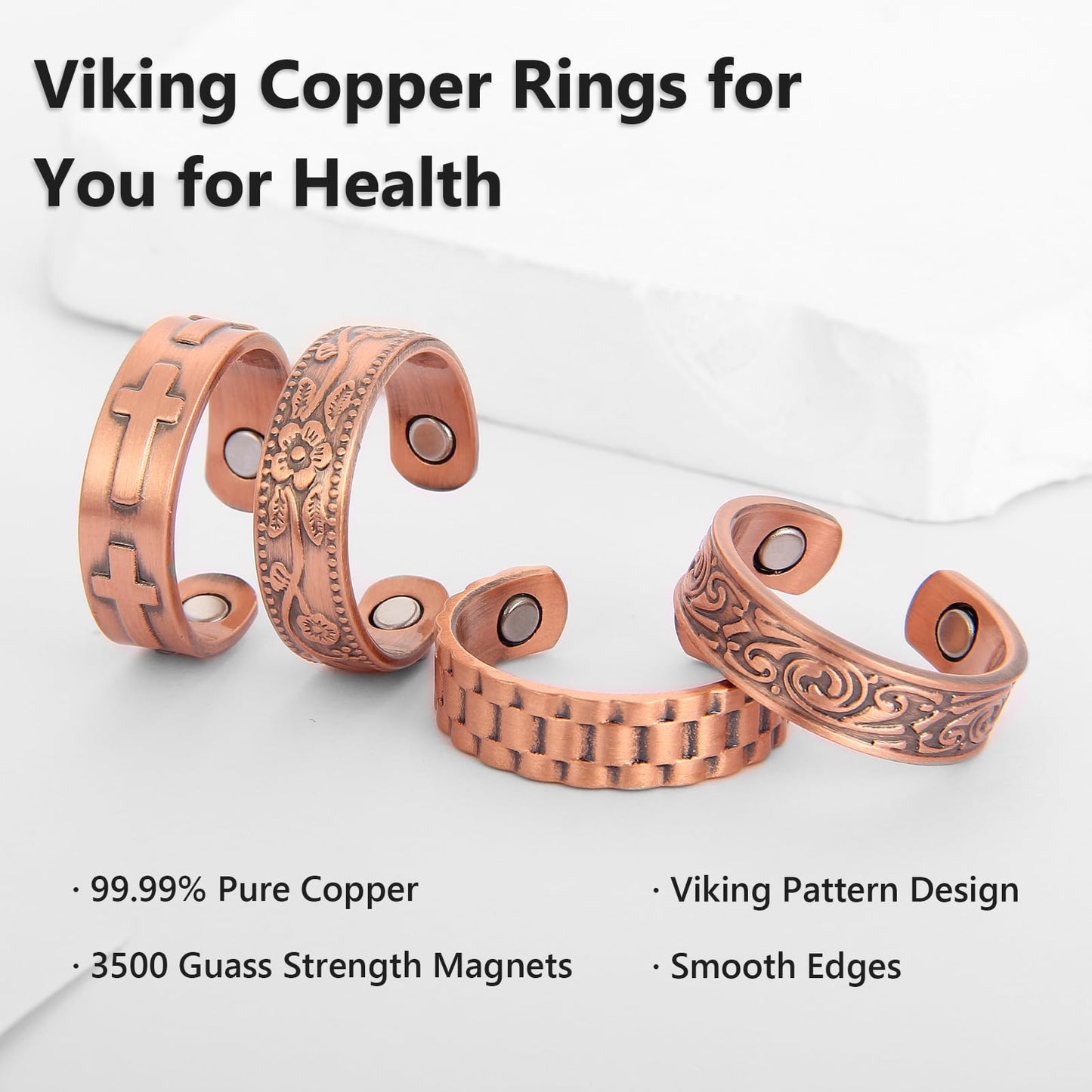 BioMag Magnetic Rings, Pure Copper Rings for Men Women, Adjustable Fingers Thumb Ring Jewelry Gift (Copper D-4Pcs)