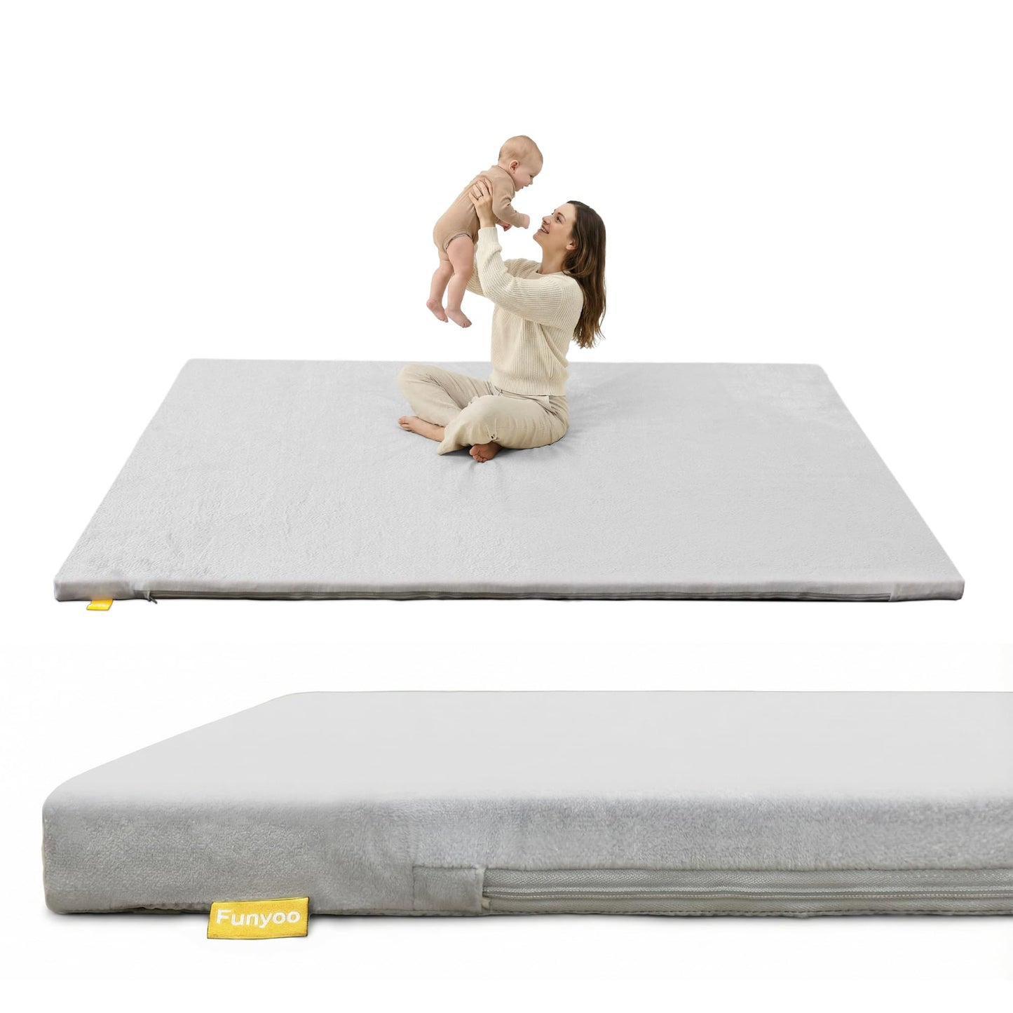Funyoo 71" ×59" Padded Baby Play Mat for Floor, 1.2" Thick Machine Washable Foam Playmat, Soft Tummy Time Crawling Playpen Mat with Non-Slip Bottom, Fits 71" x59" Playpens