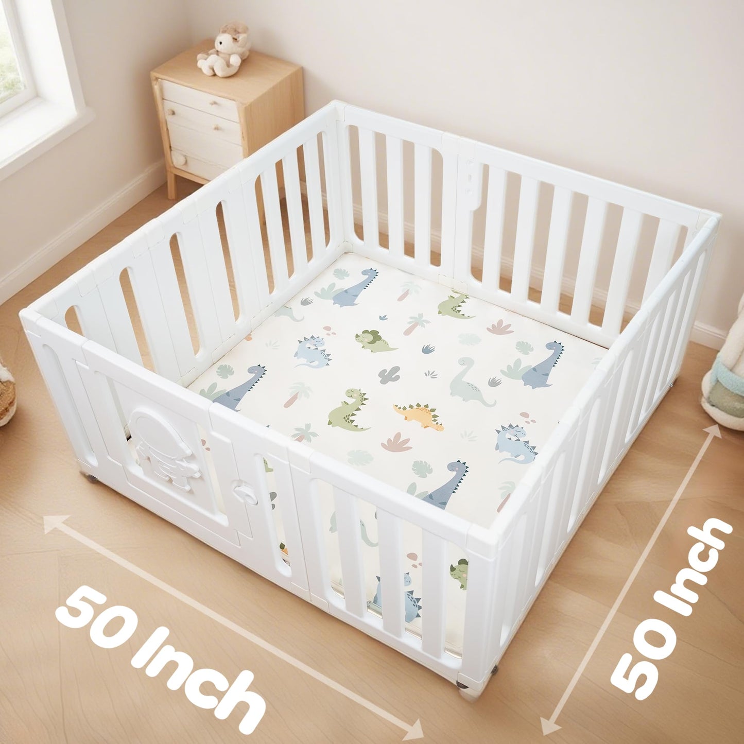 PaPaMat 1.5" Thick Premium Baby Play Mat for Floor, 50x50 Padded Memory Foam Play Mat, Tummy Time Crawling Playmat for Nursery Playroom Classroom, Dinosaurs