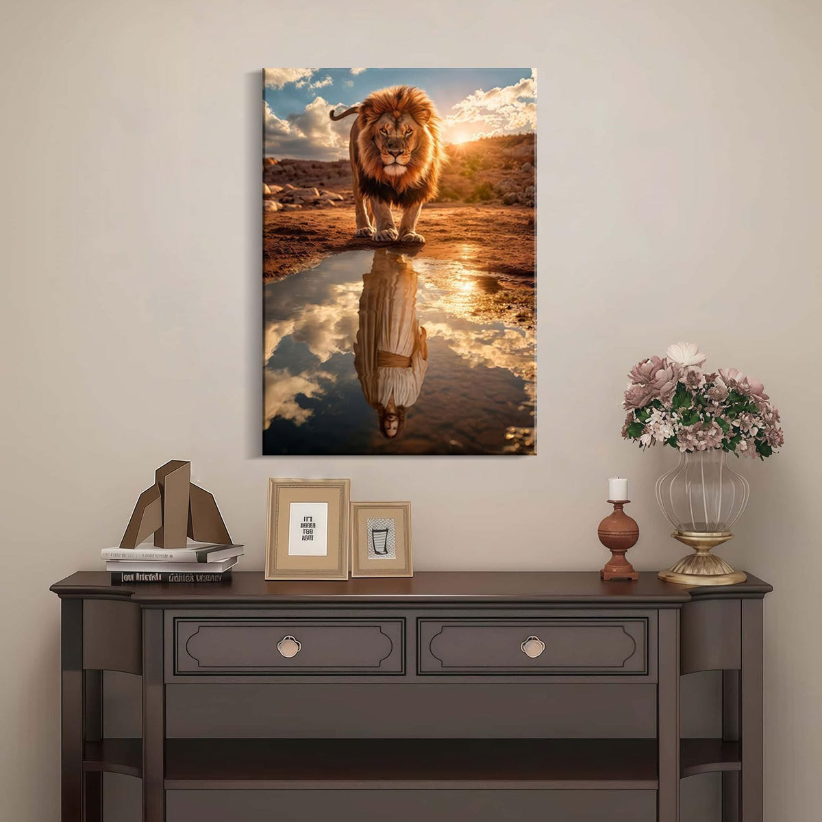 Framed Canvas Wall Painting Lion and Jesus Reflection Religious Poster Inspirational Faith Gallery Picture Print for Living Room and Bedroom Decor 16x24 Inch Ready to Hang