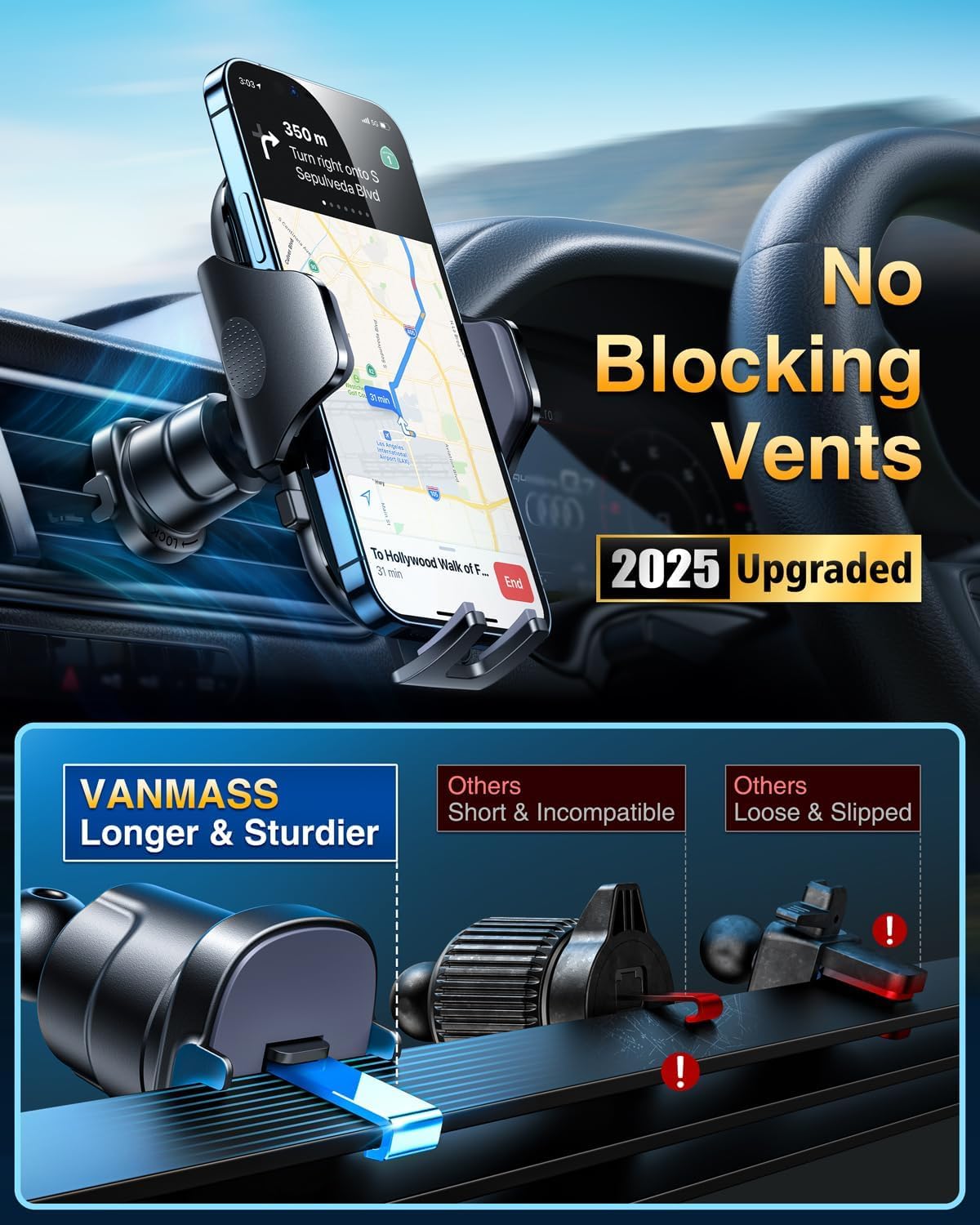 [2025 True Military-Grade] Car Phone Holder VANMASS [Upgraded Strongest Suction & Clip] Cell Phone Mount for Dashboard Windshield Vent,Truck Cradle Stand for iPhone 16 Pro Max 15 14 13 Samsung Android
