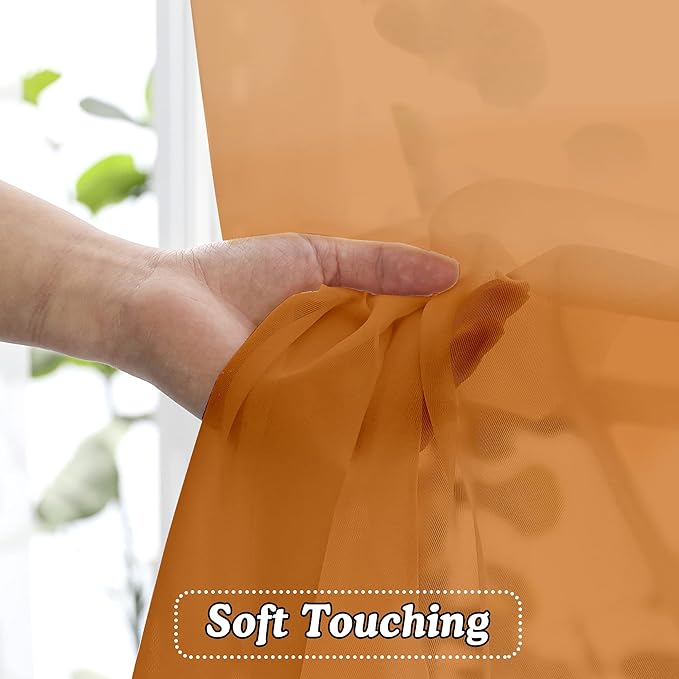 OVZME Orange Sheer Curtains 108 Inches Long, Light Filtering Semi Transparent Lightweight Voile Rod Pocket Window Curtains for Bedroom, Living Room, W42 x L108, Set of 2 Drape Panels