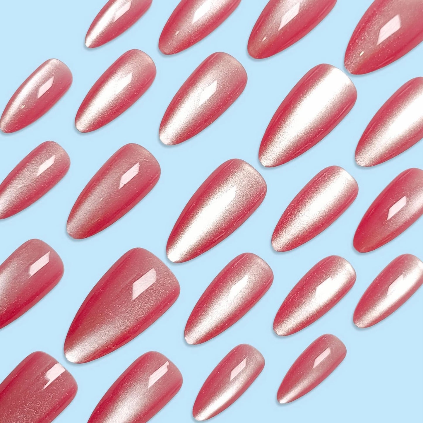 MISUD Press on Nails - Medium Almond Fake Nails, Acrylic Pink Cat Eye Design 24 pcs