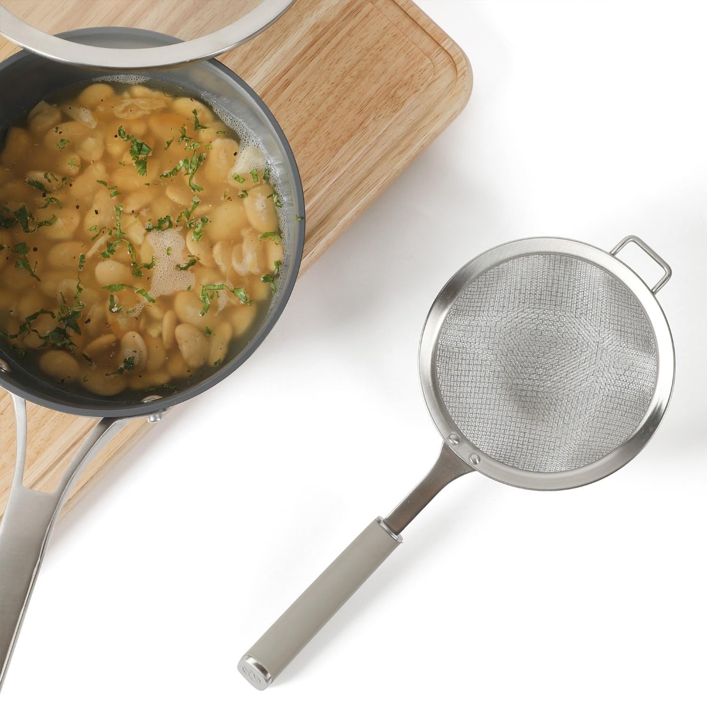Calphalon Edge Stainless Steel Strainer w/Thermoplastic Rubber Handle - Taupe