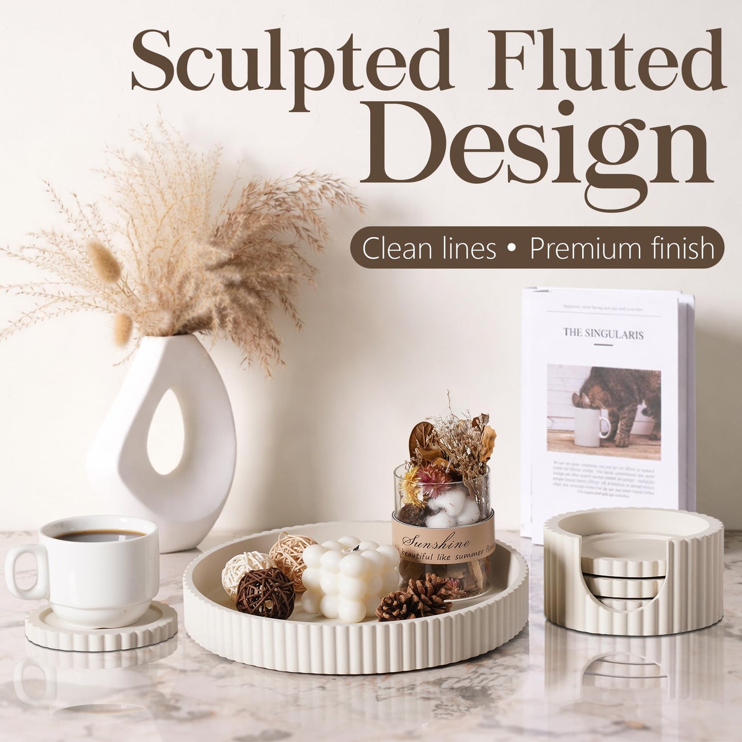 Decorative Coffee Table Ottoman Tray with Coasters | Modern Neutral Home Decor Accent | Console Table Decor | Kitchen Table Centrepiece | Luxury Apartment Decor | Decorative Centerpieces for Tables