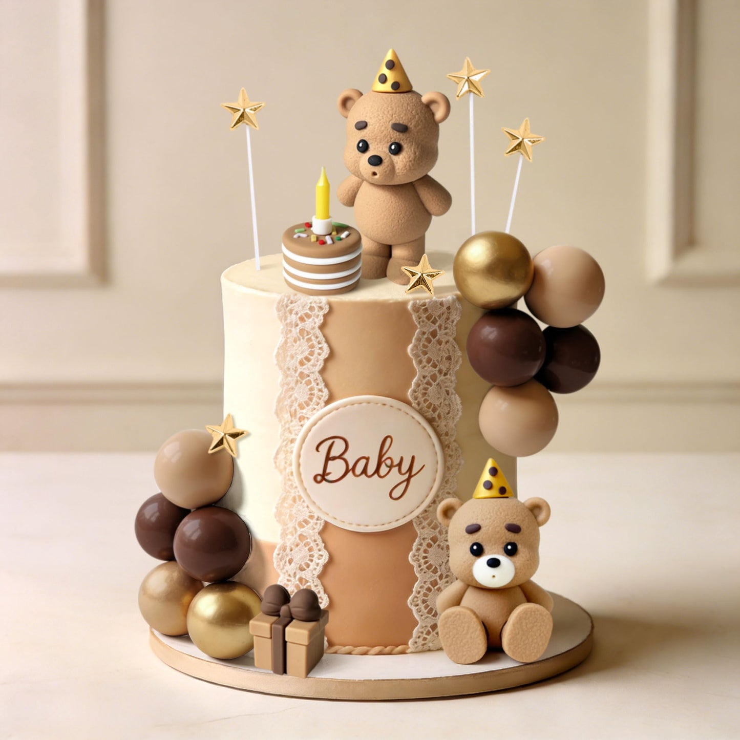 LaVenty Brown Bear Cake Decoration Beige Brown Balls Cake Topper Boho Cake Cake Decoration Baby Shower Birthday Cake Decoration