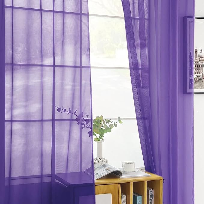 SpaceDresser Sheer Voile Window Treatment Rod Pocket Curtain Panels for Kitchen Bedroom Living Room Drapes Sunlight Filtering Privacy Semi Home Decor Assorted (Purple, 52 W x 108 L)