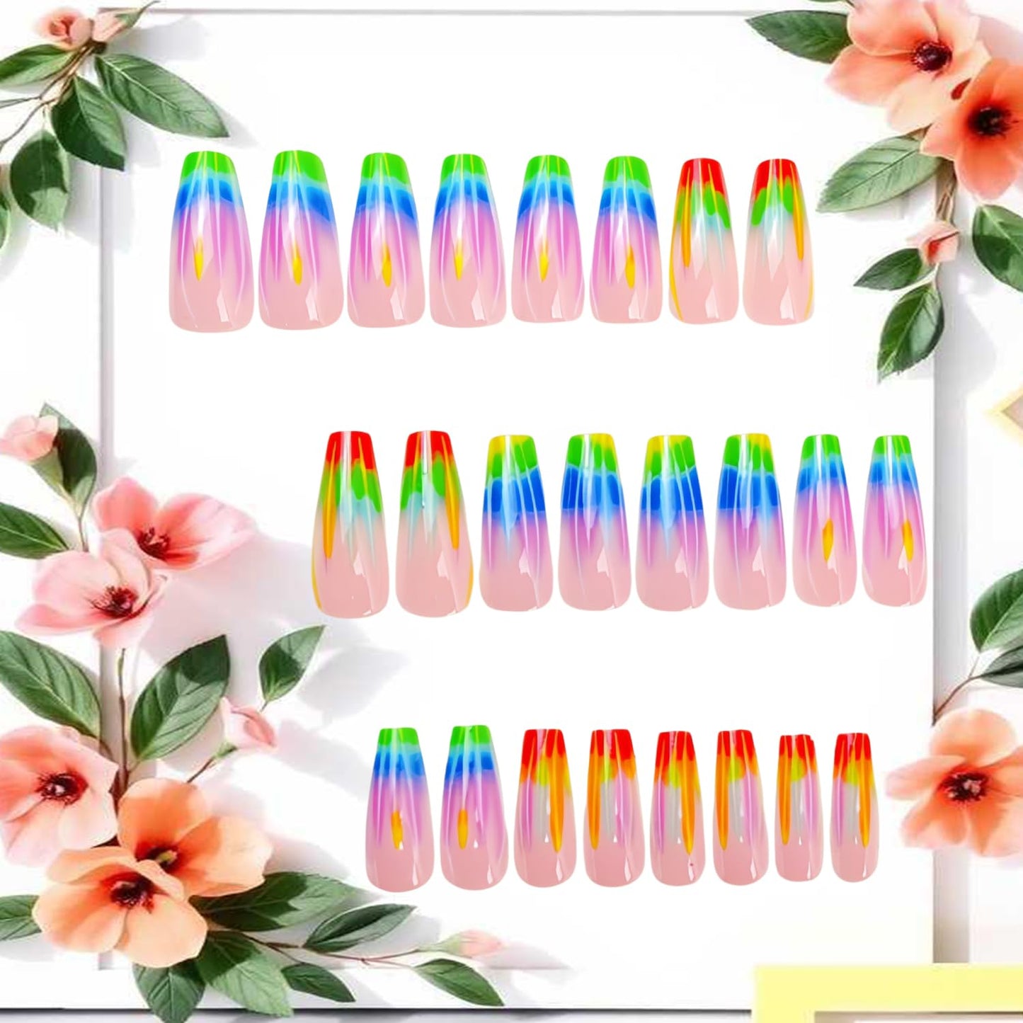 Colorful Stripes Smudge Press on Nails Medium Length Ballet Shaped Full Cover Glossy Nude Pink Acrylic False Nail Ballet Press Ons French Artificial Fingernails DIY Reusable Glue on Nails for Women